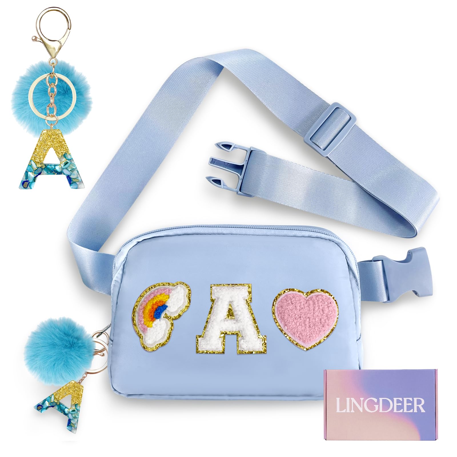 Lingdeer Personalized Belt Bag with Keychain, Fanny Pack for Girls Women, Initial Birthday Gifts for Teen Girls Mom, Crossbody Bag, Small Waist Packs,