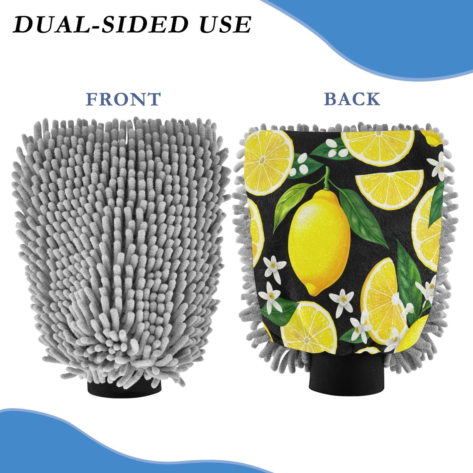 Kigai Yellow Lemon Car Wash Mitt Microfiber, 2Pcs Scratch Free Lint-Free, Premium Chenille Microfiber Mitt Car Wash Brush-L