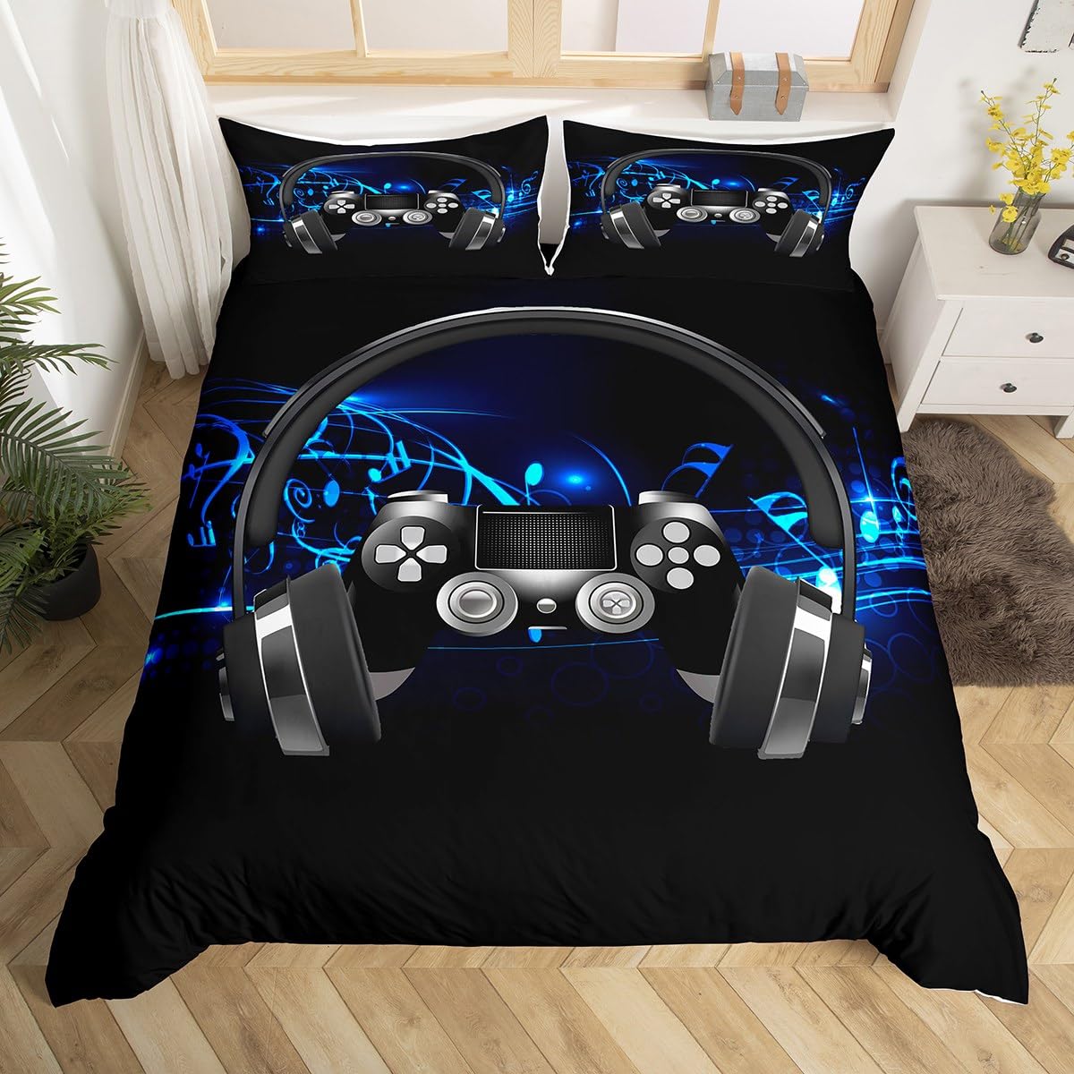 Juego de Ropa de Cama Auriculares Gamepad,de melodía,Funda de edredón niños,Videojuegos,Juego de Juegos,Funda Colcha,colección 2 Unidades,Individual,Color Negro OEKO-TEX STANDARD 100