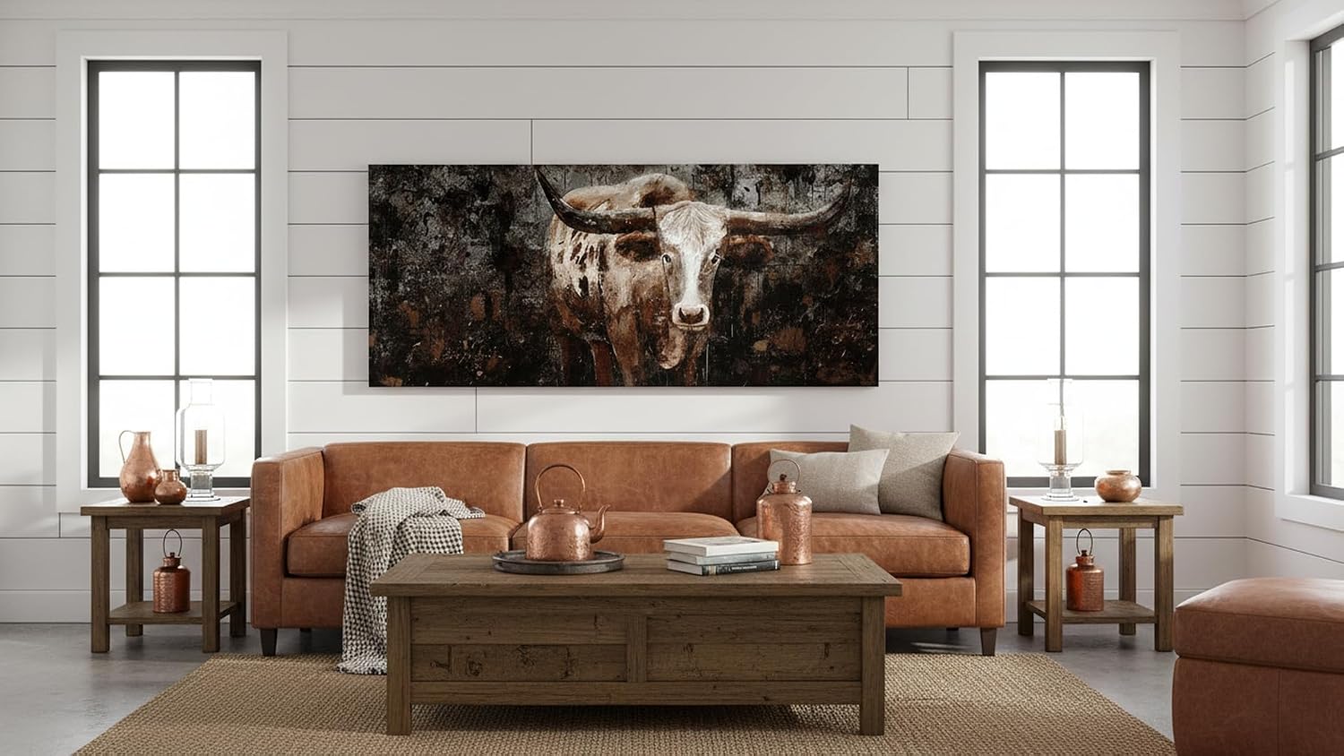 OuElegent Rustic Farmhouse Wall Decor Longhorn Cow Wall Art Western Cattle Painting Farm Pictures Decor Framed Artwork 48 x 20 inches (Dark Brown)