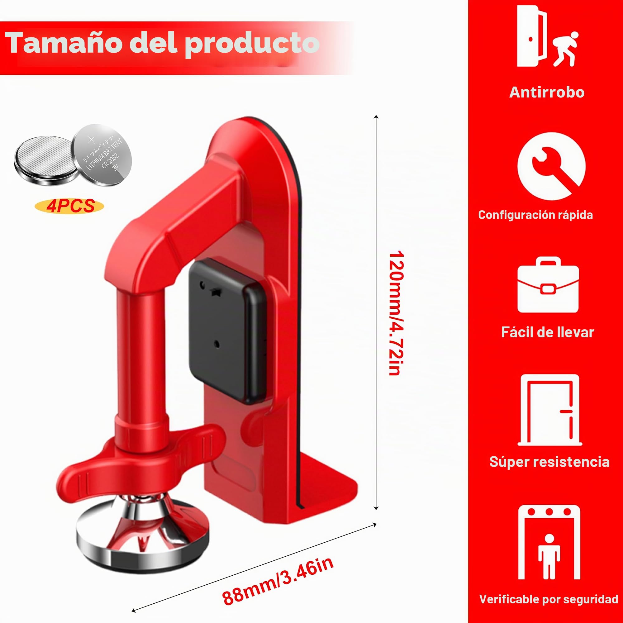 Tope de puerta de alarma portátil, antirrobo de 80 dB, para parte inferior de la puerta, ajustable y fácil de instalar para el hogar, oficina y viajes, dispositivos de seguridad de puerta (rojo)