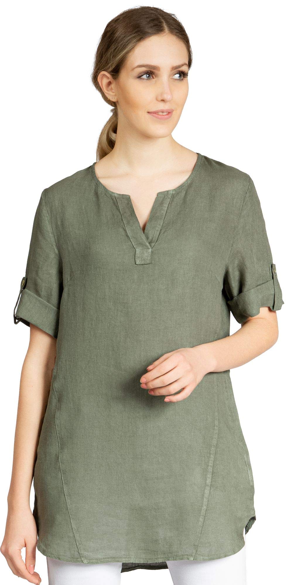 Caspar BLU023 Lange Elegante Damen Halbarm Sommer Leinen Longbluse