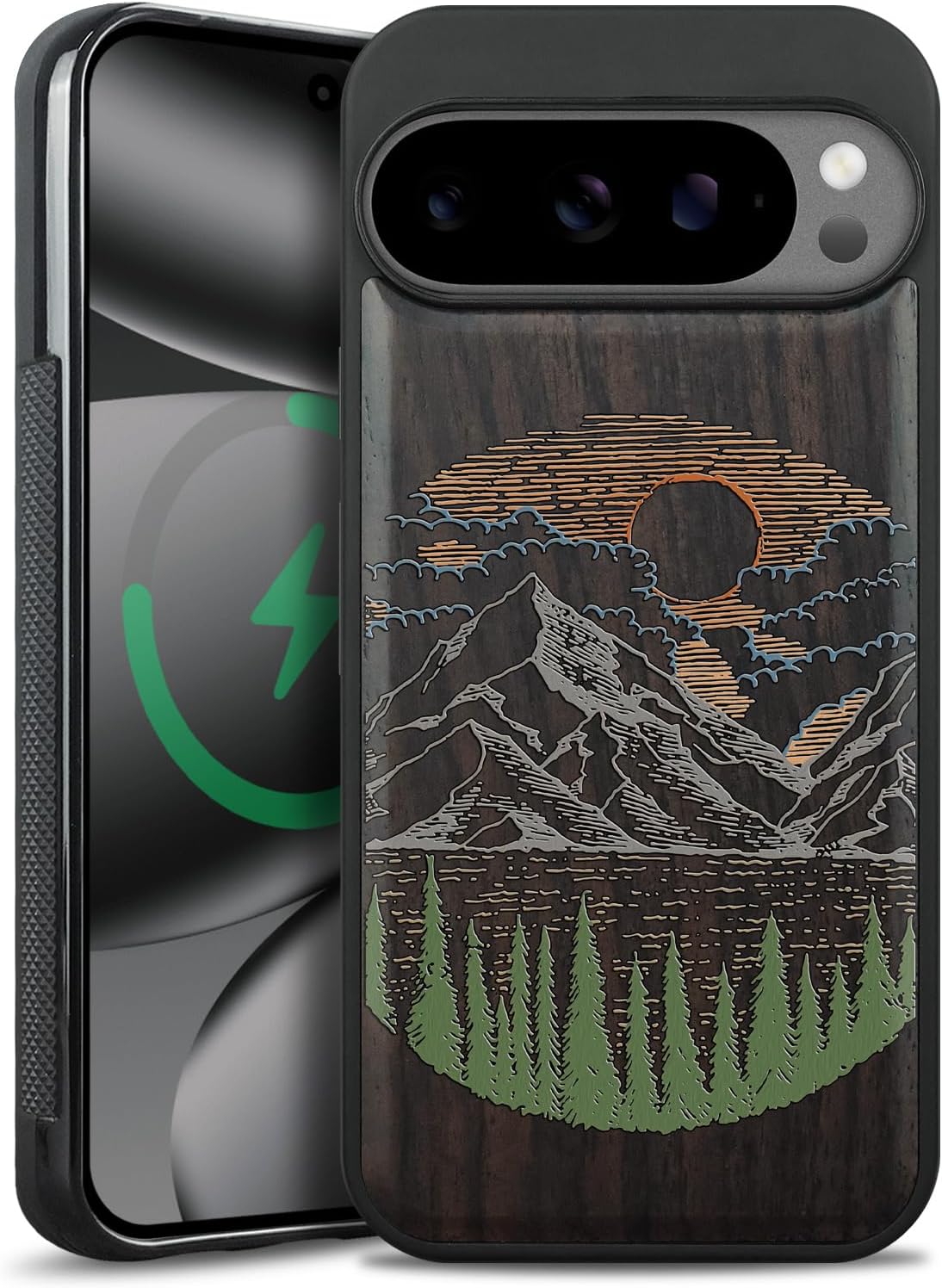 Magnetic for Google Pixel 10 / Pixel 10 Pro Case Compatible with MagSafe Wireless Charging, Natural Wood Cover & Shockproof TPU Phone Case, Dark Wood Hand-Drawn Pattern - Mountain Dawn