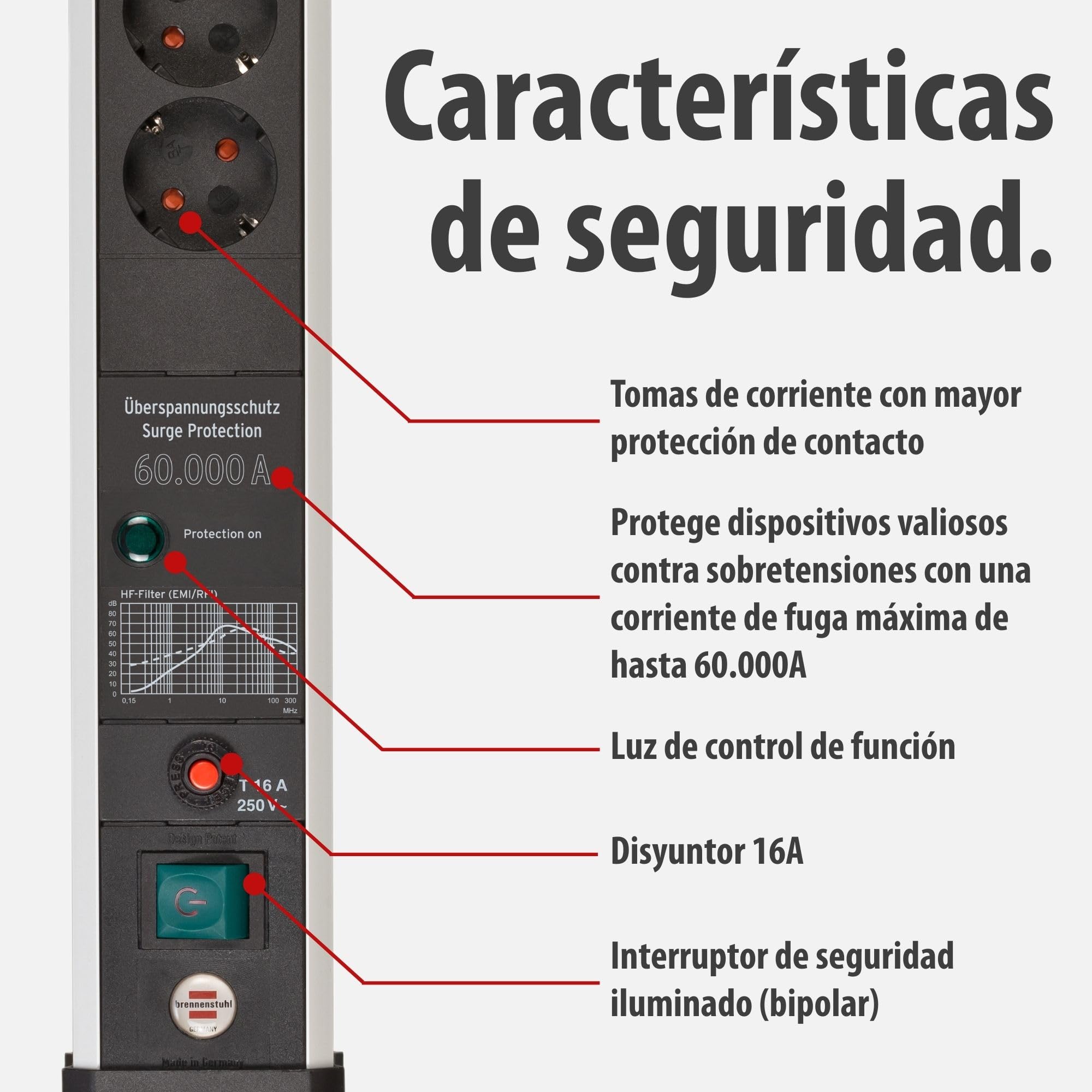Brennenstuhl Premium-Protect-Line regleta enchufes de 6 Tomas con protección contra sobretensiones hasta 60.000 A (Cable de 5 m, Interruptor, Fabricado en Alemania) Plateado/Negro