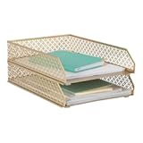 Gold File Organizer – Stackable Paper Tray Set of 2 for Desk, Office Inbox & Letter Trays, Gold Desk Organizer