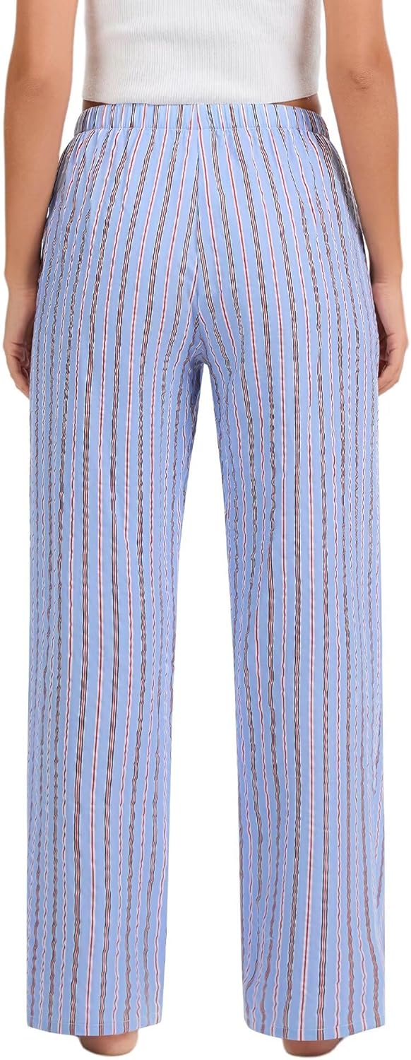 SWOMOG Women 100% Cotton Pajama Pants Striped Plaid Pj Trousers Drawstring Gingham Bottoms Casual Wide Leg Pant with Pocket - Image 4