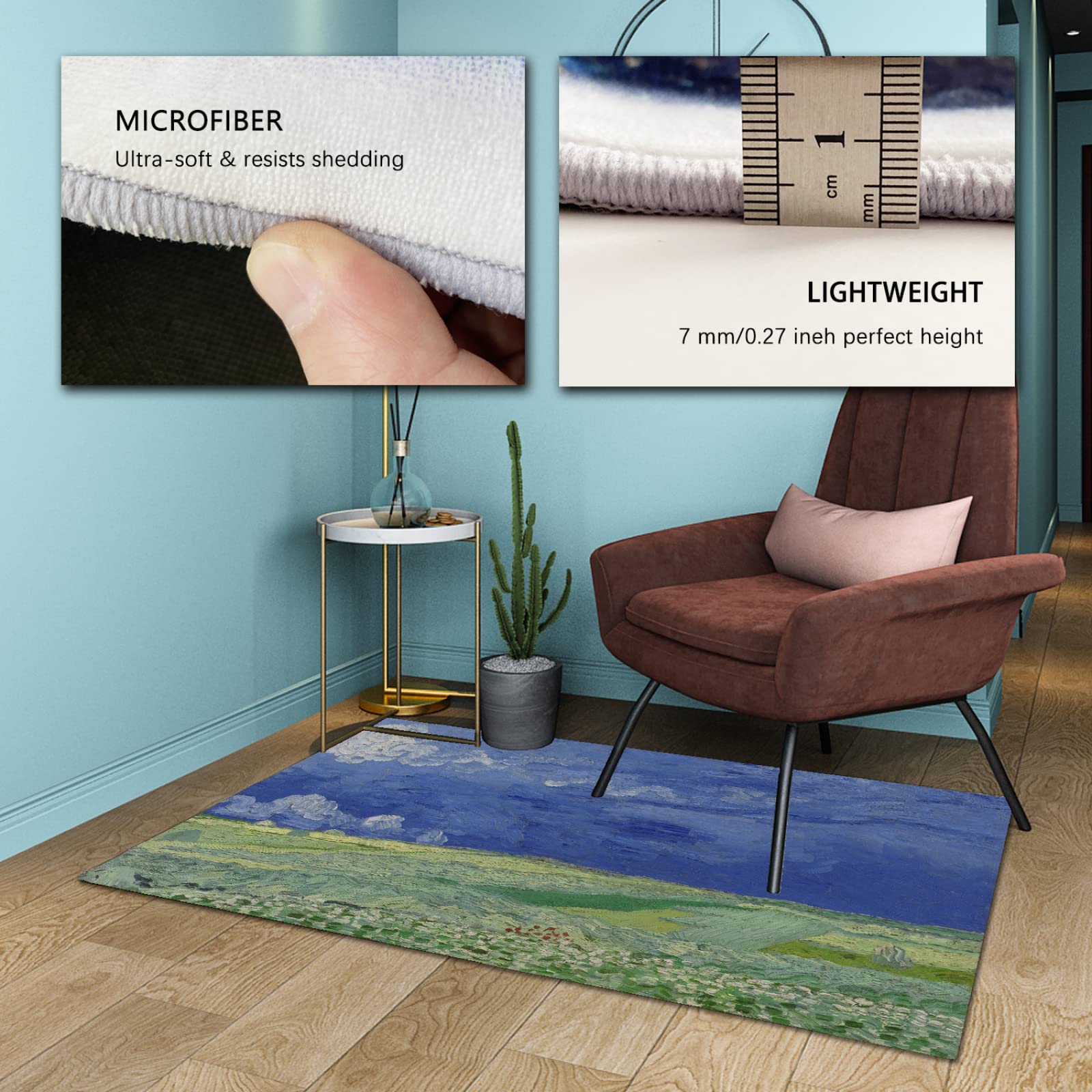 Dutch Impressionist Art Malerei Fläche Teppiche Grünes Grasland und Blauer Himmel Kunst Türmatte Outdoor Rutschfester Weißer Wolkenteppich für Hauseingangsästhetik 180x200cm
