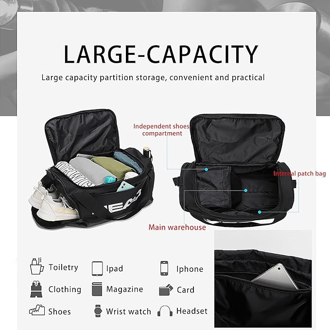 HEAD 45L Waterproof Tennis Duffel Bag for Men, Large Capacity Sports Gym Bags with Shoes Compartment, Lightweight Crossbody Duffle Bag for Business/Workout/Fitness/Weekender/Overnight