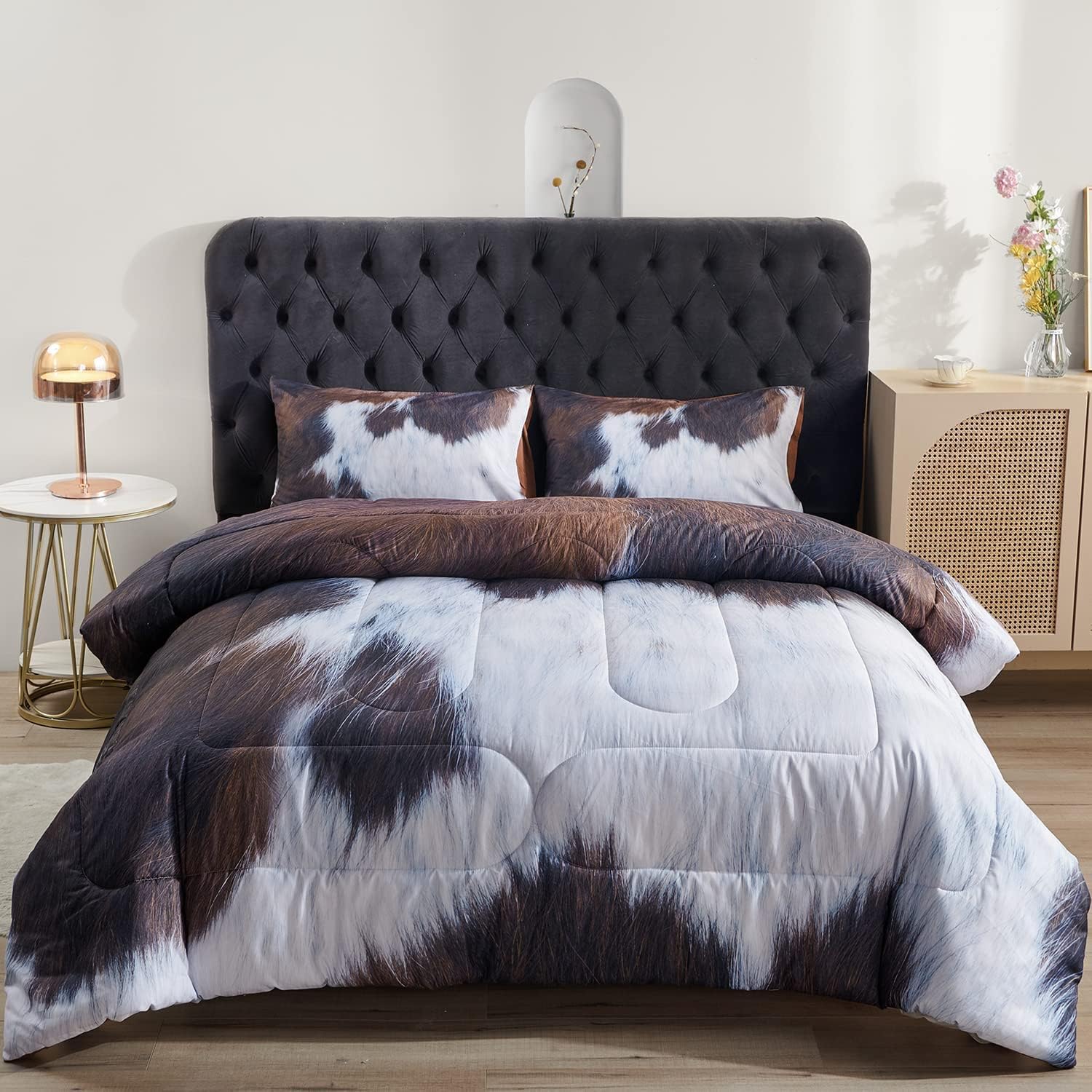 PERFEMET Cow Print King Comforter 3 Pieces Farmhouse Fluffy Bedding Comforter Set Western Style Brown White Bed Set for All Season