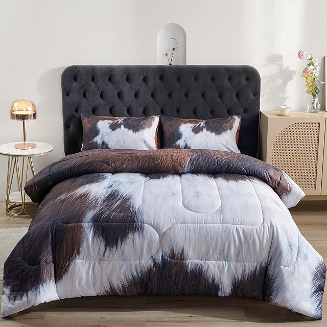 PERFEMET Cow Fur Print Comforter Set King Size Highland Cowhide Farmhouse Bedding Set Western Farm Animal Fur Printed Cowboy Quilted Set for Teens Boys Adult (Brown White, King)