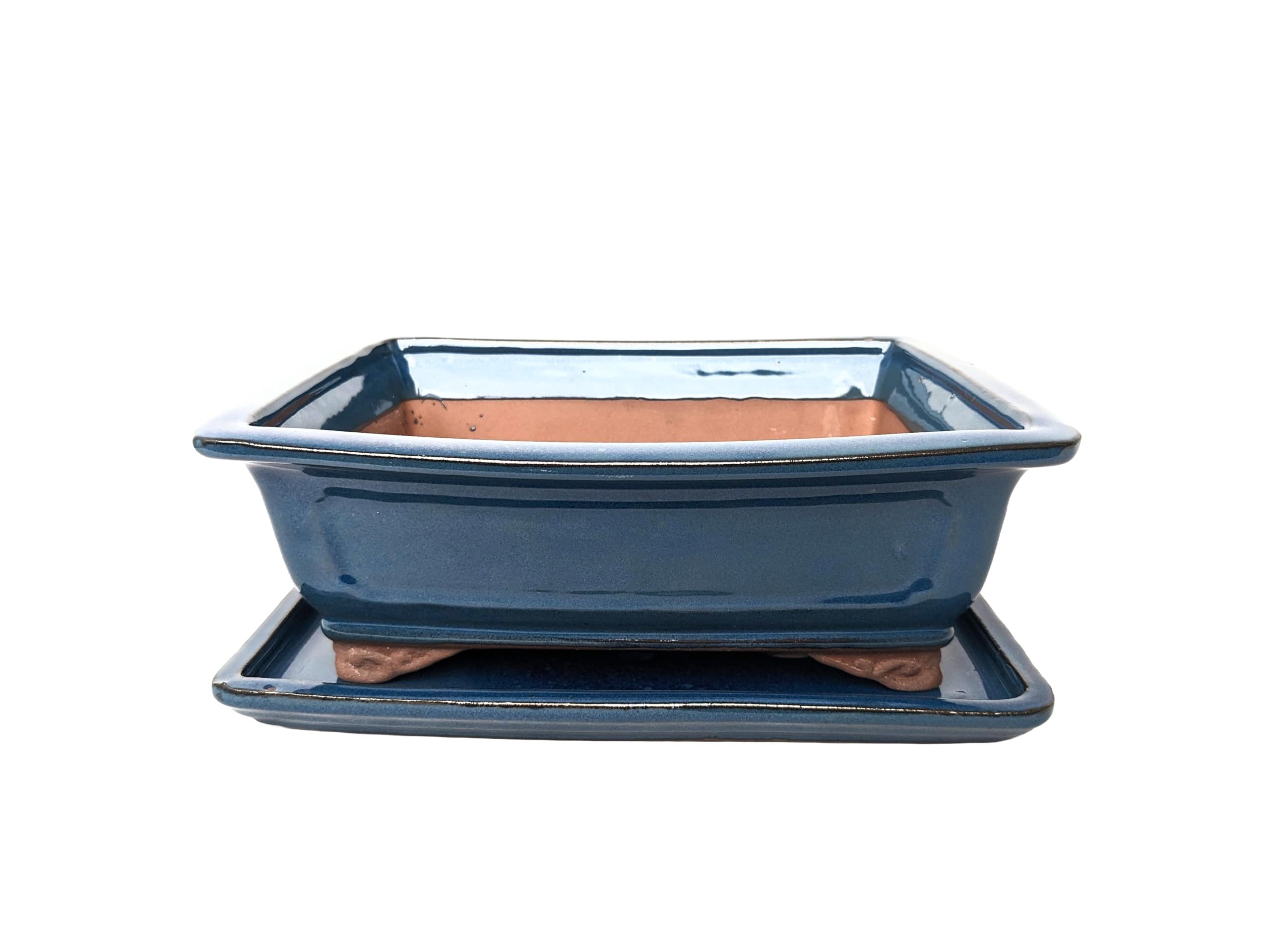Glazed Ceramic Bonsai Pots with Matching Drip Trays (Metallic Blue, 26cm)
