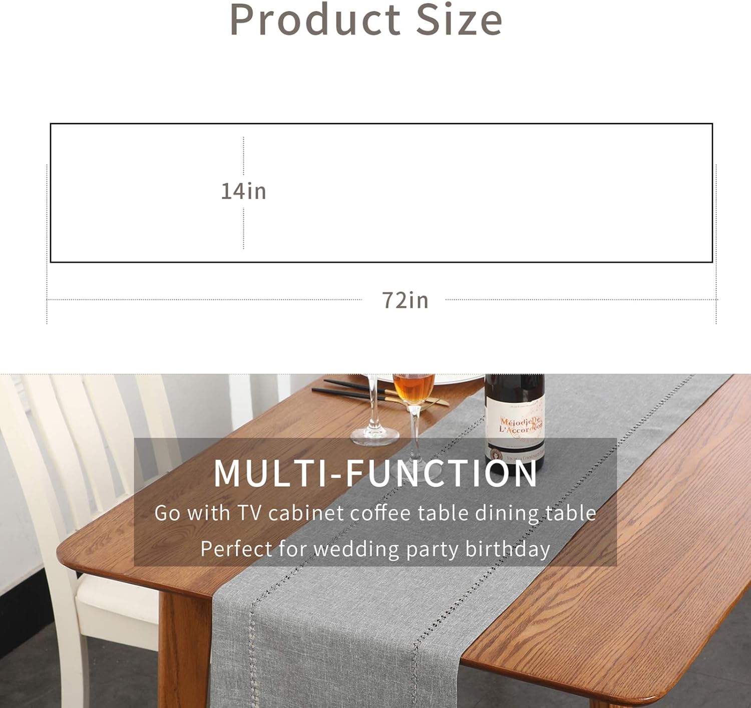 Tosewever Decorative Hemstitch Linen Table Runner Farmhouse Style Tabletop Collection Handcrafted Table Runners for Everyday Dining Wedding Party Holiday Home Decor (14 x 72 Inches, Grey) - Image 2