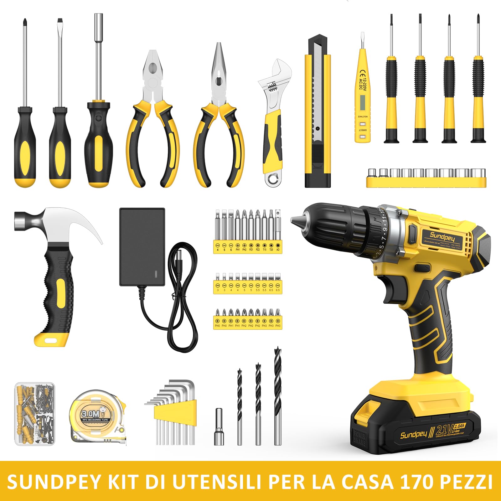 Sundpey Cassetta Attrezzi Completa 170 Pezzi con Trapano Avvitatore a Batteria 21V, Set Attrezzi da Lavoro con Utensili Manuali, Batteria 2.0Ah e Caricabatterie per Fai da te e Lavori di Bricolage