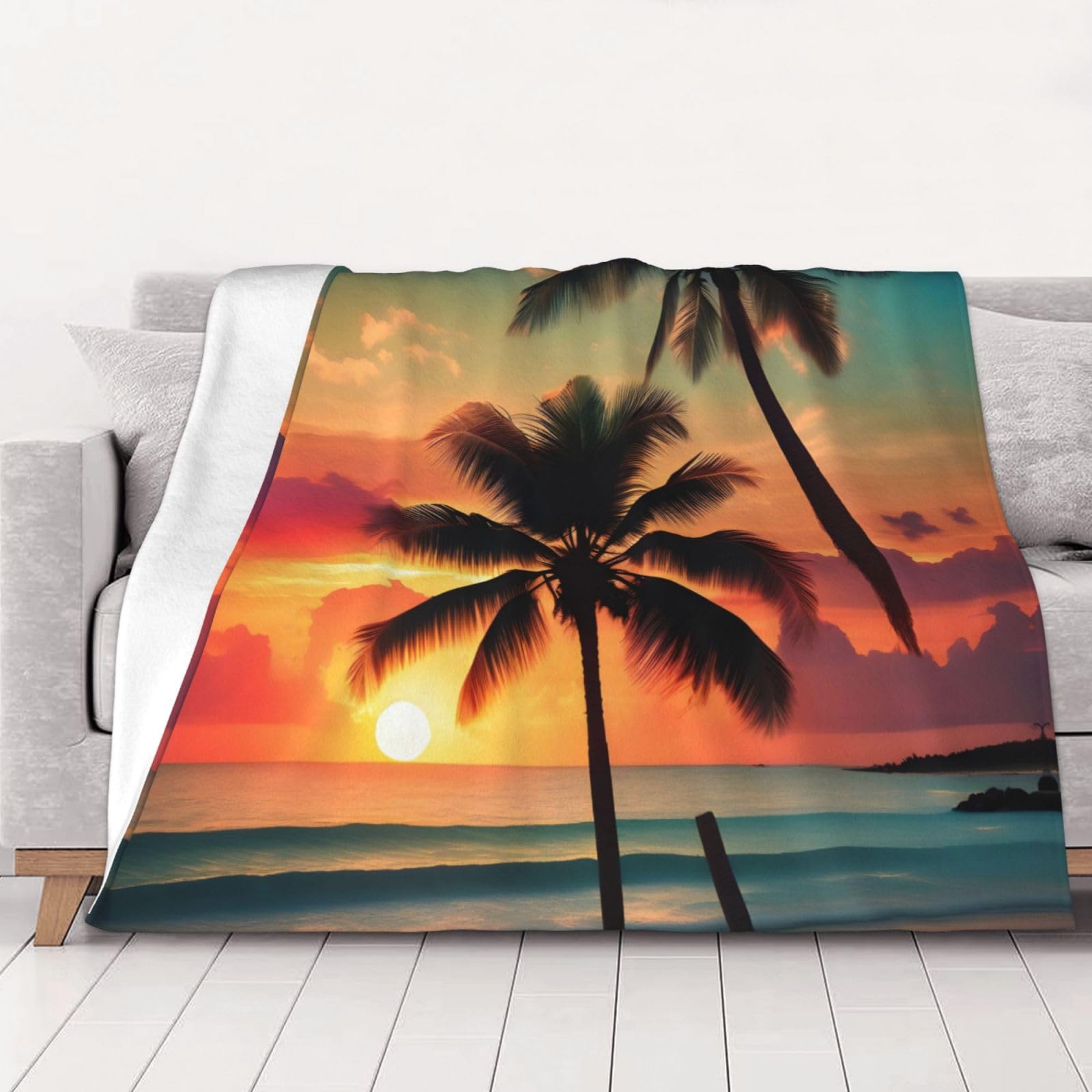 Couverture flanelle imprimé plage tropicale au fini soyeux pour intérieur moderne