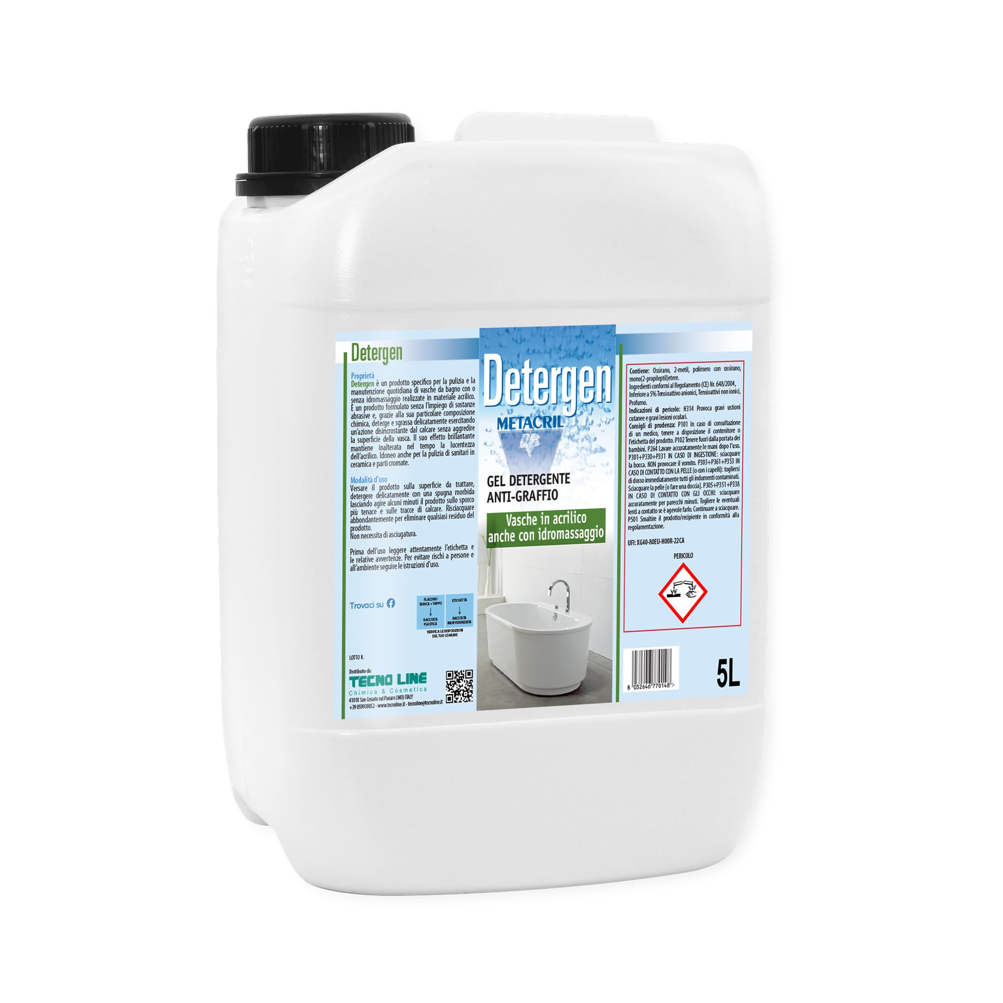 Metacril Detergen, detergente e sgrassante antigraffio per acrilico - 5 LT | Rimuove il calcare senza aggredire la superficie specifico per Vasche e Spa Idromassaggio in Acrilico
