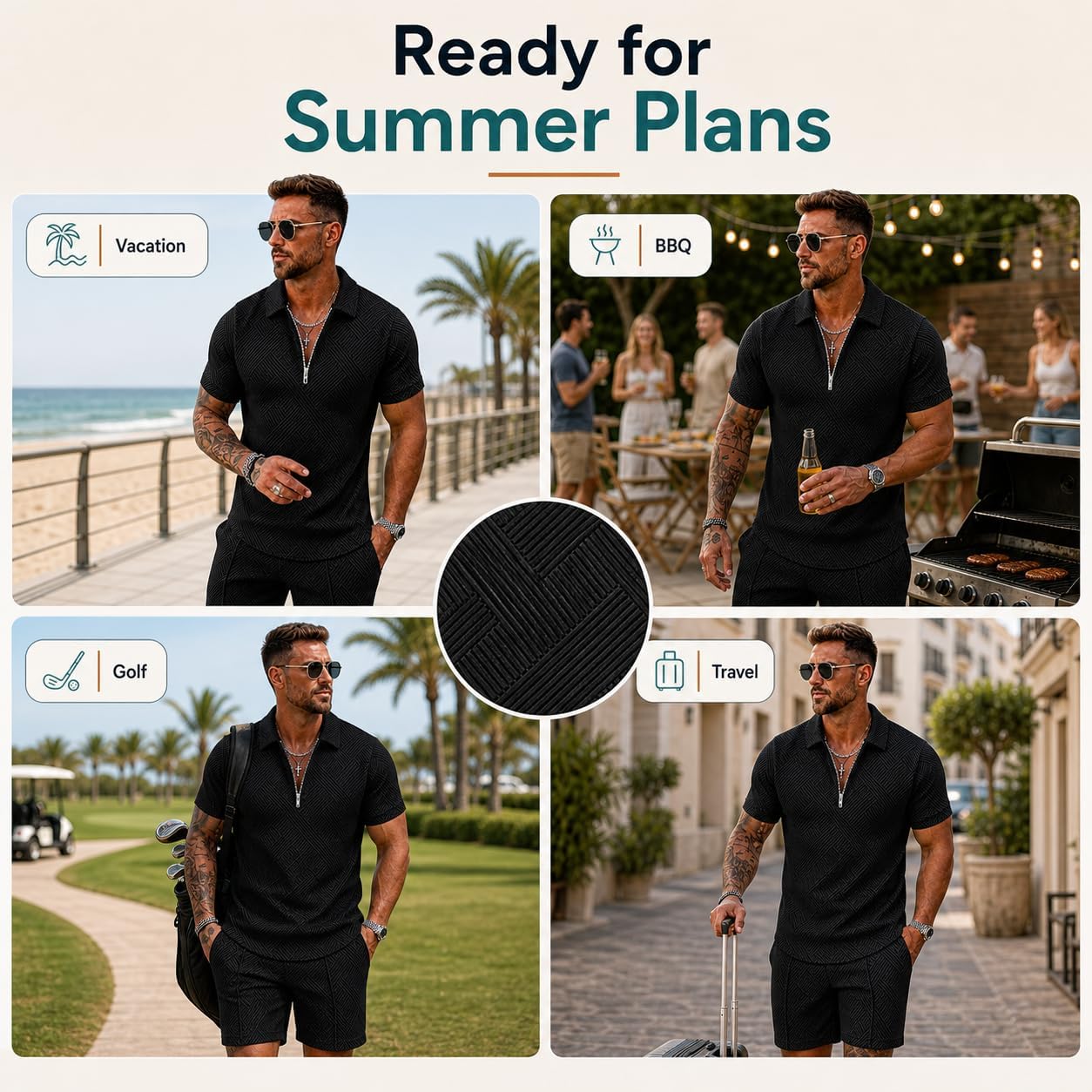 Mens Summer Outfits 2 Piece Short Set, Quarter Zip Polo Shirt and Shorts Set for Men, Casual Beach Vacation Outfit