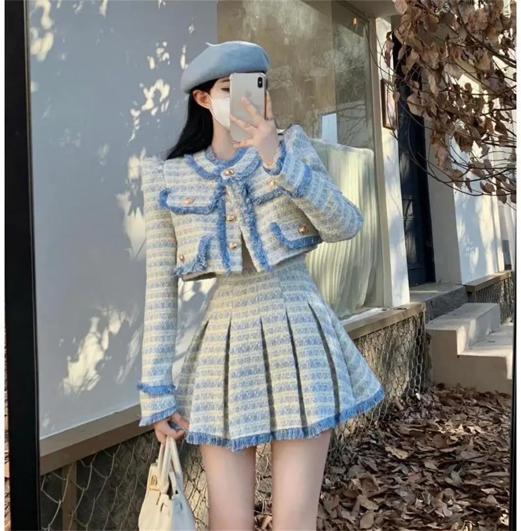 Women's Long-Sleeved, Round-Neck Spring Tassel Tweed Blazer and High-Waisted Pleated Miniskirt Two-Piece Suit
