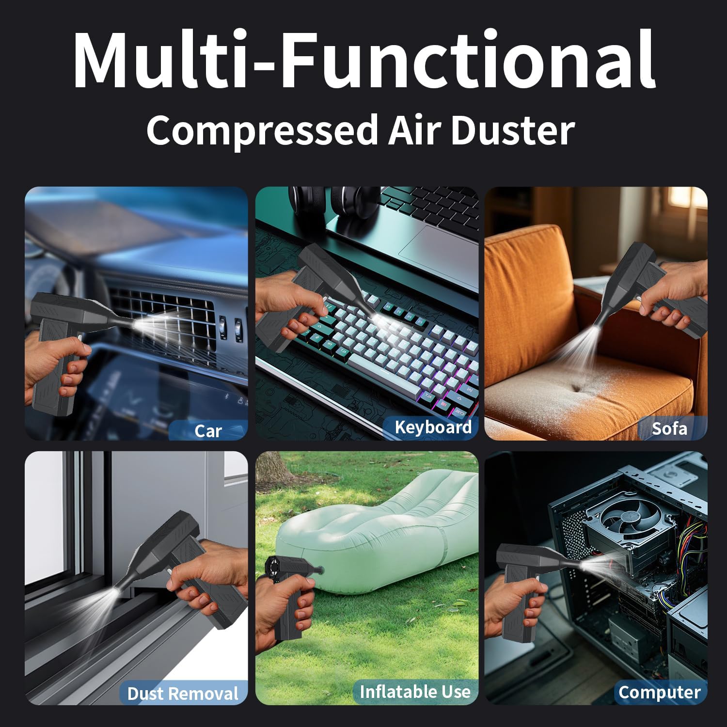 Compressed Air Duster Cleaner for PC, 4 Gear Adjustable 130000RPM Electric Air Duster, Portable Air Dust Blower, Cordless Compressed Air Duster for Computer, Keyboard, Outdoors and House Cleaning — view 7