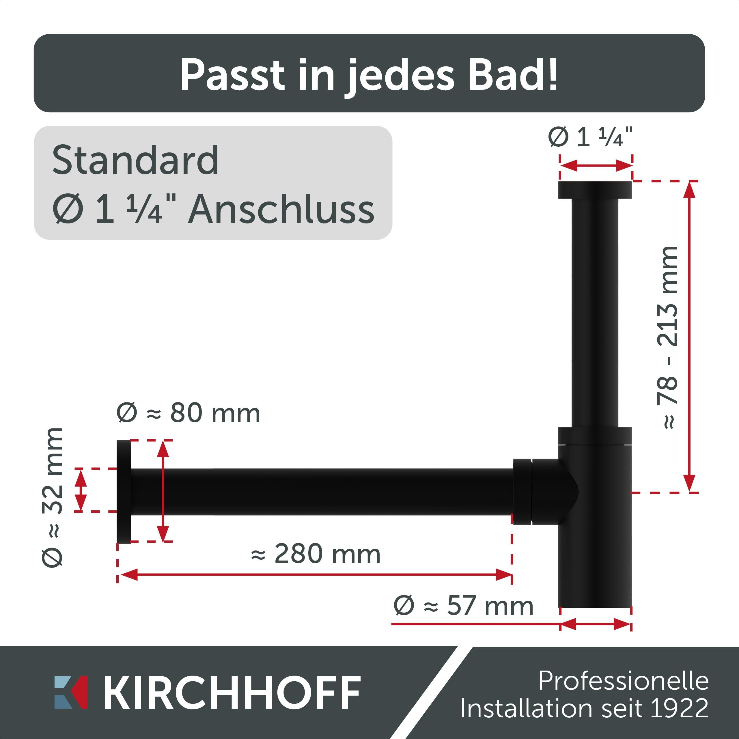 Bundle aus KIRCHHOFF Design Universal Eckventil mit Schnellverschluss + Design Siphon, Matt Schwarzer Abfluss, Ablaufgarnitur für Waschbecken + Flexibler Anschlussschlauch in schwarz