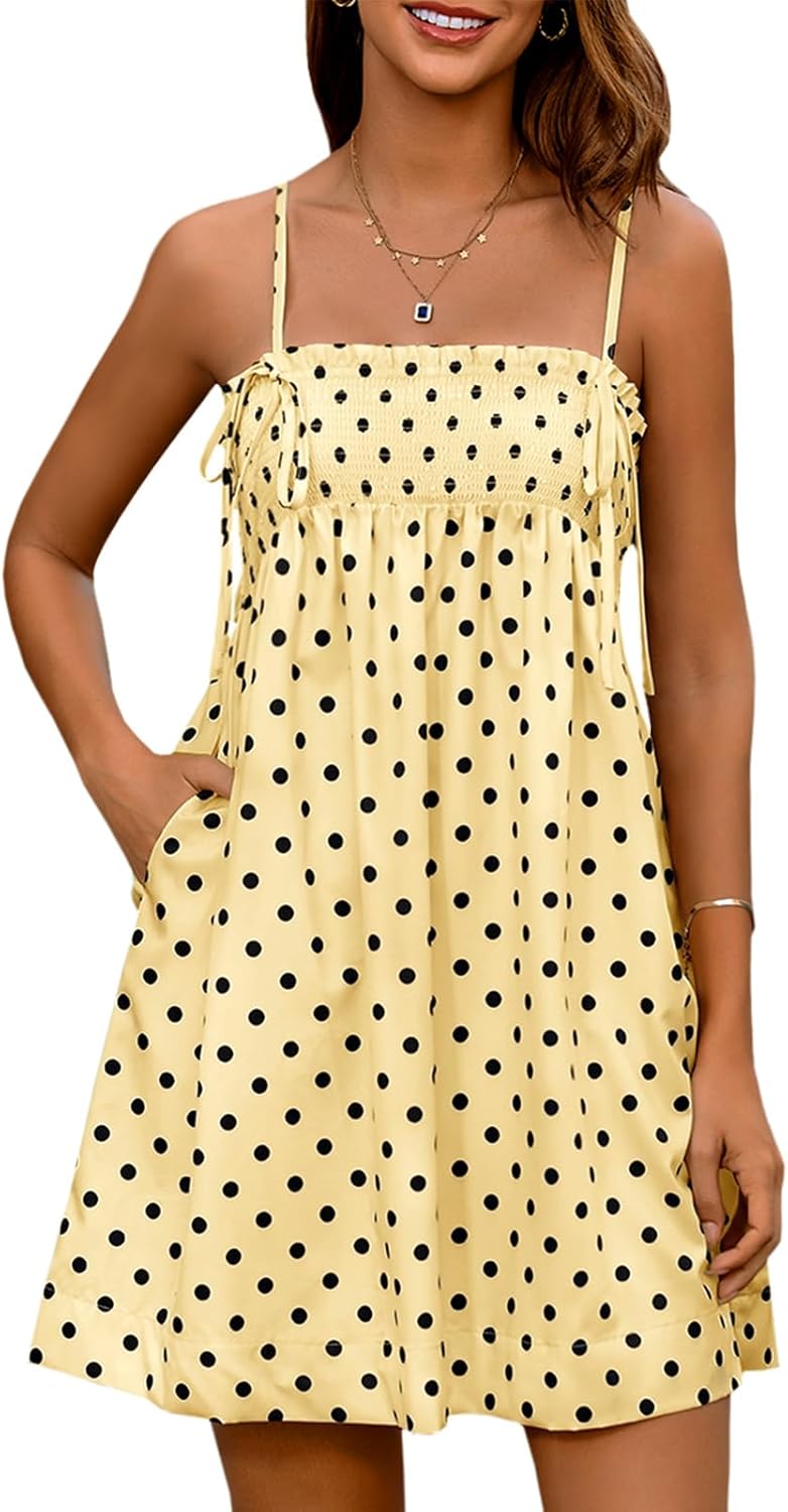 Yousify Women's Spaghetti Strap Babydoll Mini Dress Summer Casual Ruffled Smocked Short Dress Polka Dot Maxi Skirt