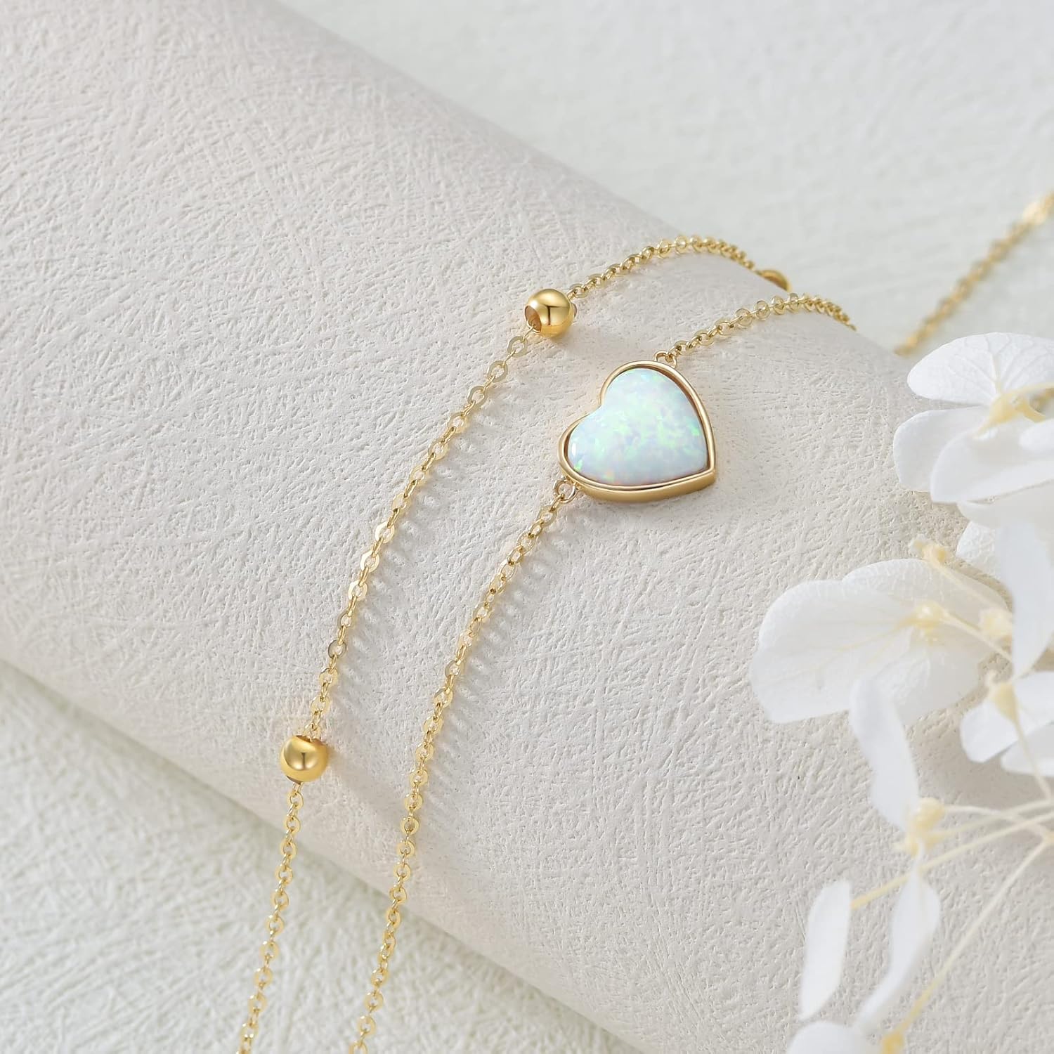 SISGEM 14K Solid Gold Heart Anklet for Women, Real Gold Layered Opal Anklet Bracelet Fine Jewelry Anniversary Birthday for Her, Wife, Mom, Girlfriend, 8''+2''