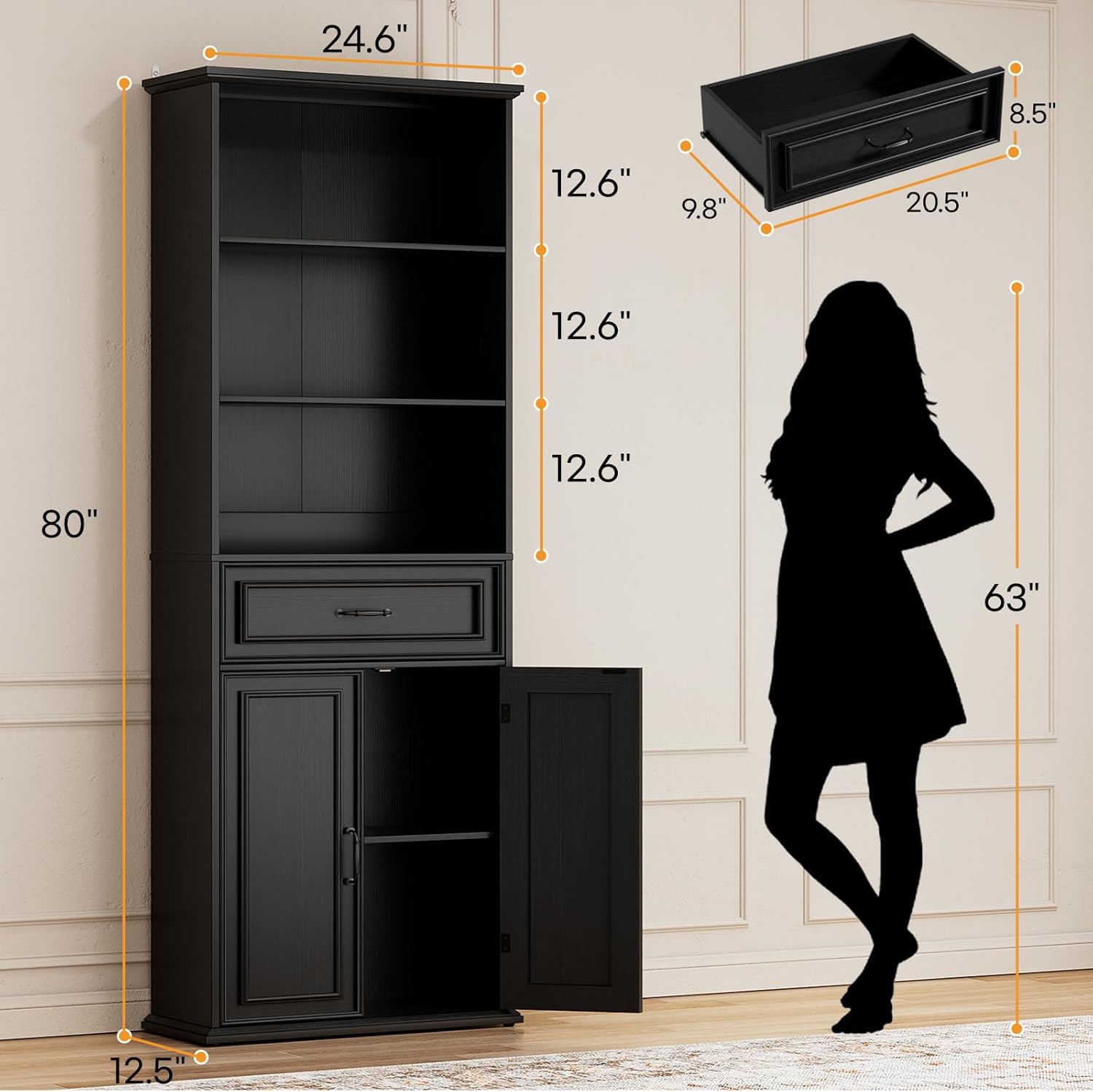 Cyclysio 80" Tall Bookcase, Farmhouse Bookshelves with Drawer and Doors, Floor Standing 6 Shelf Display Storage Cabinet for Home Office, Living Room (1, Black)