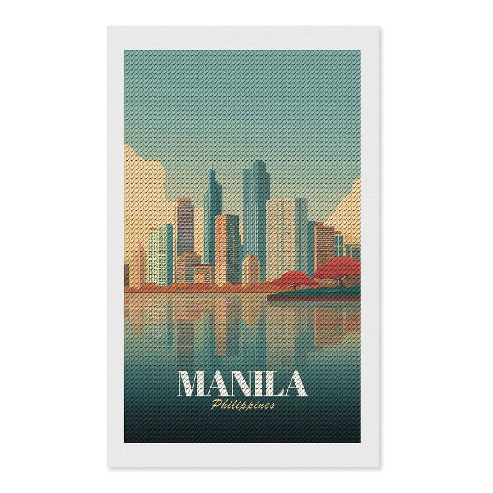 Junmoney Manila Skyline Reflection DIY Diamond Art Canvas Kit 12"x20", Winter Craft, Mindful Craft Project, Aesthetic Room Decor, Decor Project