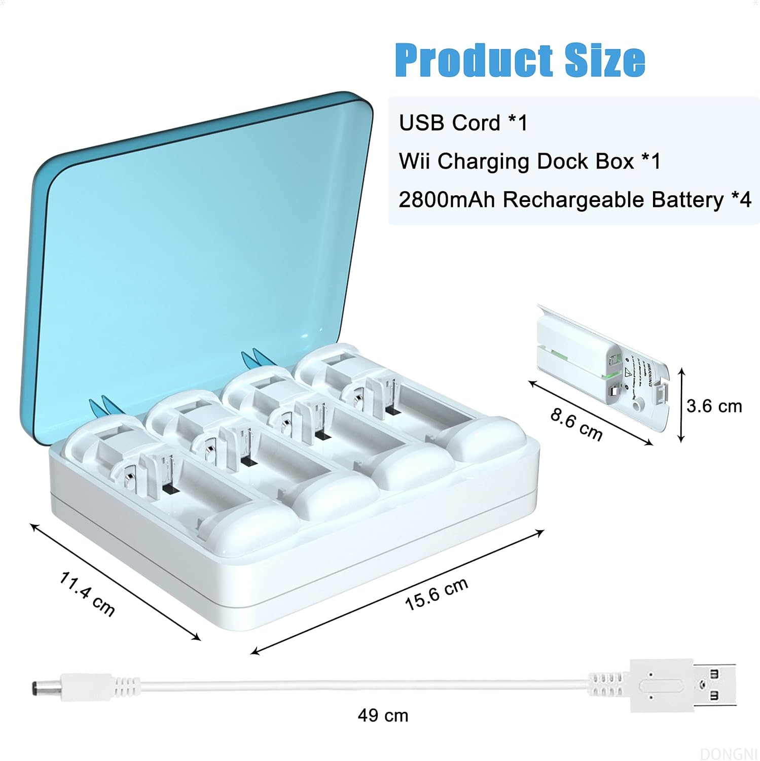 4 Pack Rechargeable Batteries fit for Wii & Wii U Remote Controller, 4-in-1 Battery Charger Station Box for Wii & Wii U Remote Controller Battery, Including USB Cable