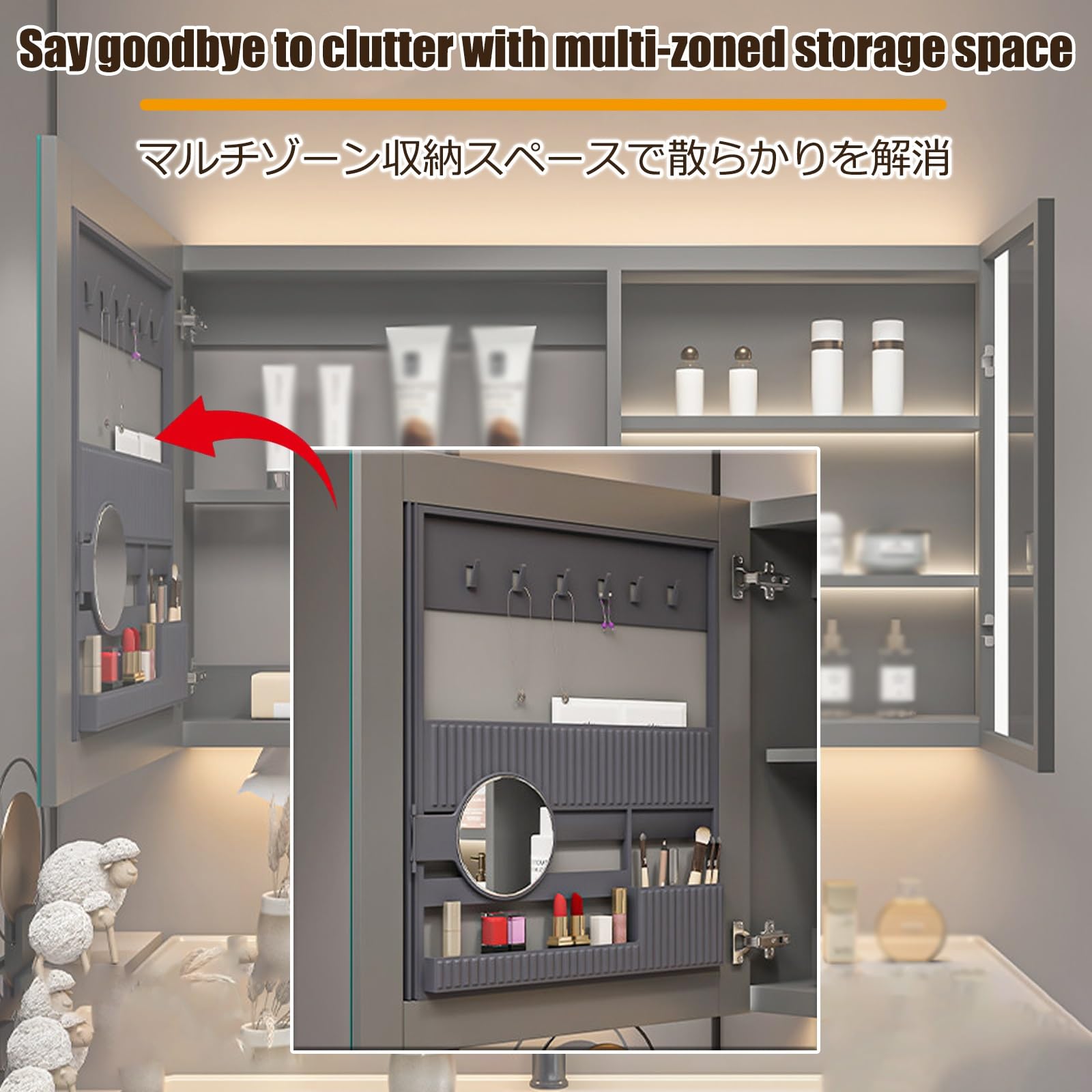 Mobiletto A Specchio,Mobile Bagno Con Specchio,Specchiera Bagno Con Contenitore,Luce Regolabile,Sbrinatore,Per Soggiorno, Lavanderia, Fango(Gray,120cm/47.2in)