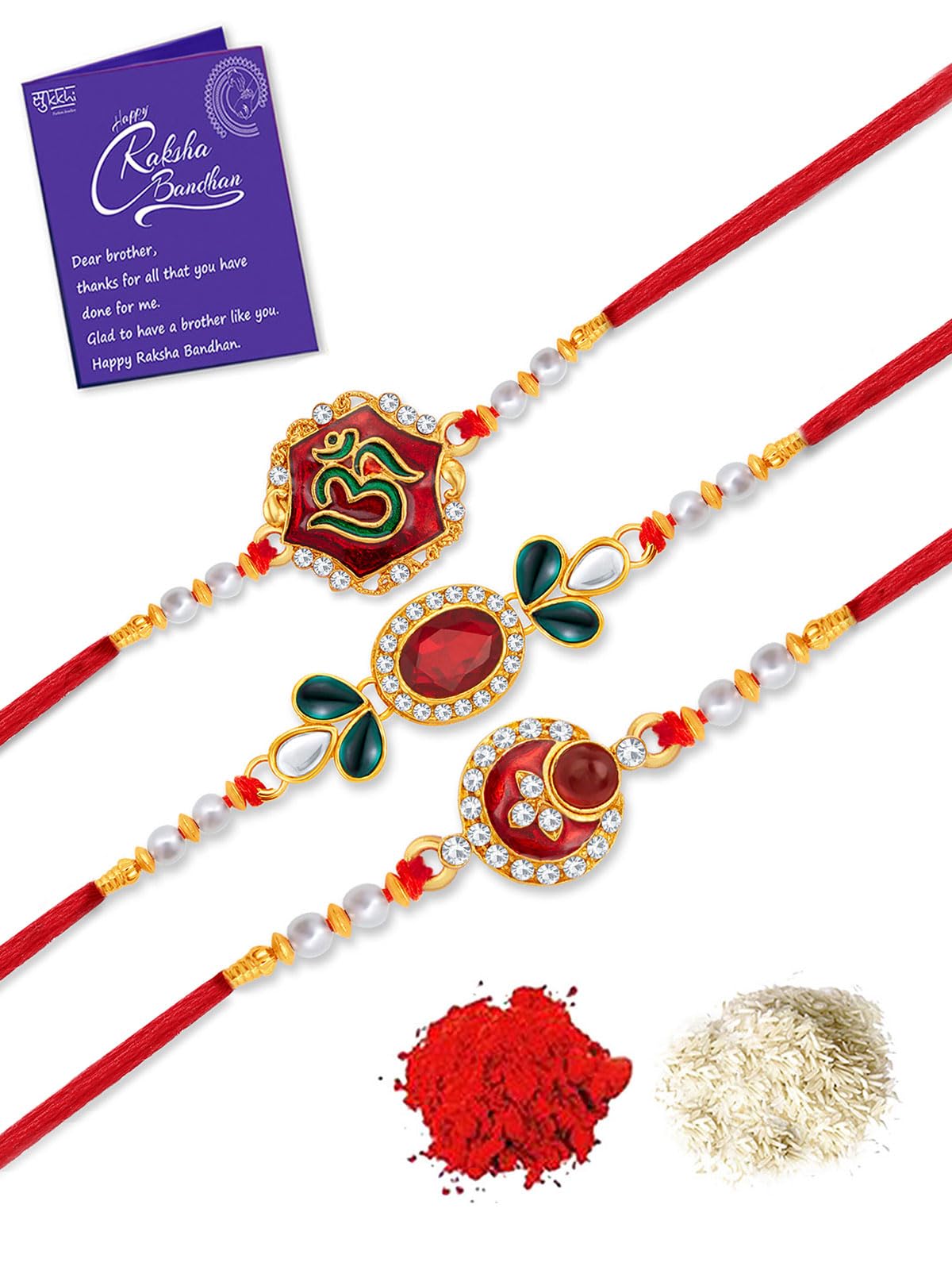 Sukkhi Rakhi Modish Kundan Rakhi Combo & Designer Gold Plated Premium Rakhi for Brother, Roli Chawal & Greeting Card|Rakhi for Bhaiya|Rakhi for MEN|Kundan Rakhi|Rakhi Combo-Set of 3 |CBRAK105025 (B0C7W284NW) Amazon Price History, Amazon Price Tracker