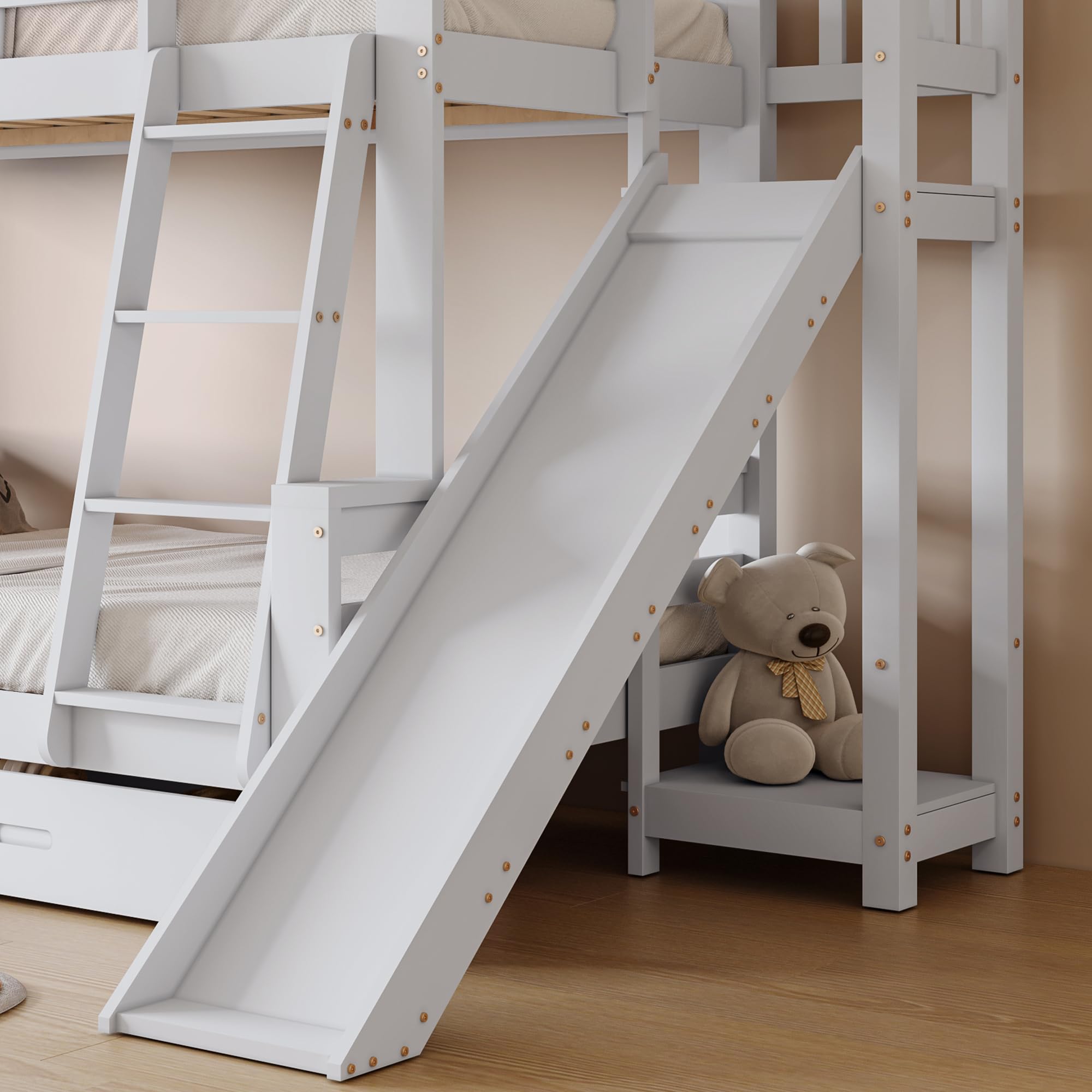 Moimhear Etagenbett mit charakteristischen Fenstern und vierstufiger Kipptreppe, Kinder und Mutterbett mit mit Rutsche, mit Zwei Schubladen, Bettrahmen aus Massivholz, Weiß, 90x200 & 120x200cm