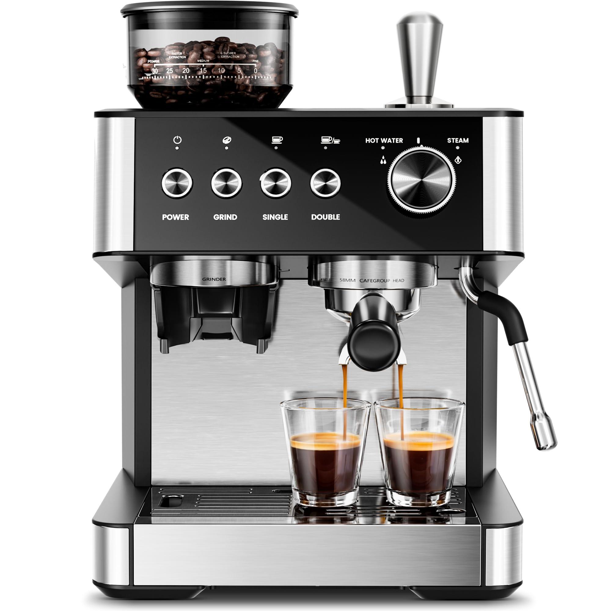 Kismile 15 Bar Espresso Machines with Grinder Removable Water Tank Milk Frother Steam Wand for Latte Cappuccino Hot