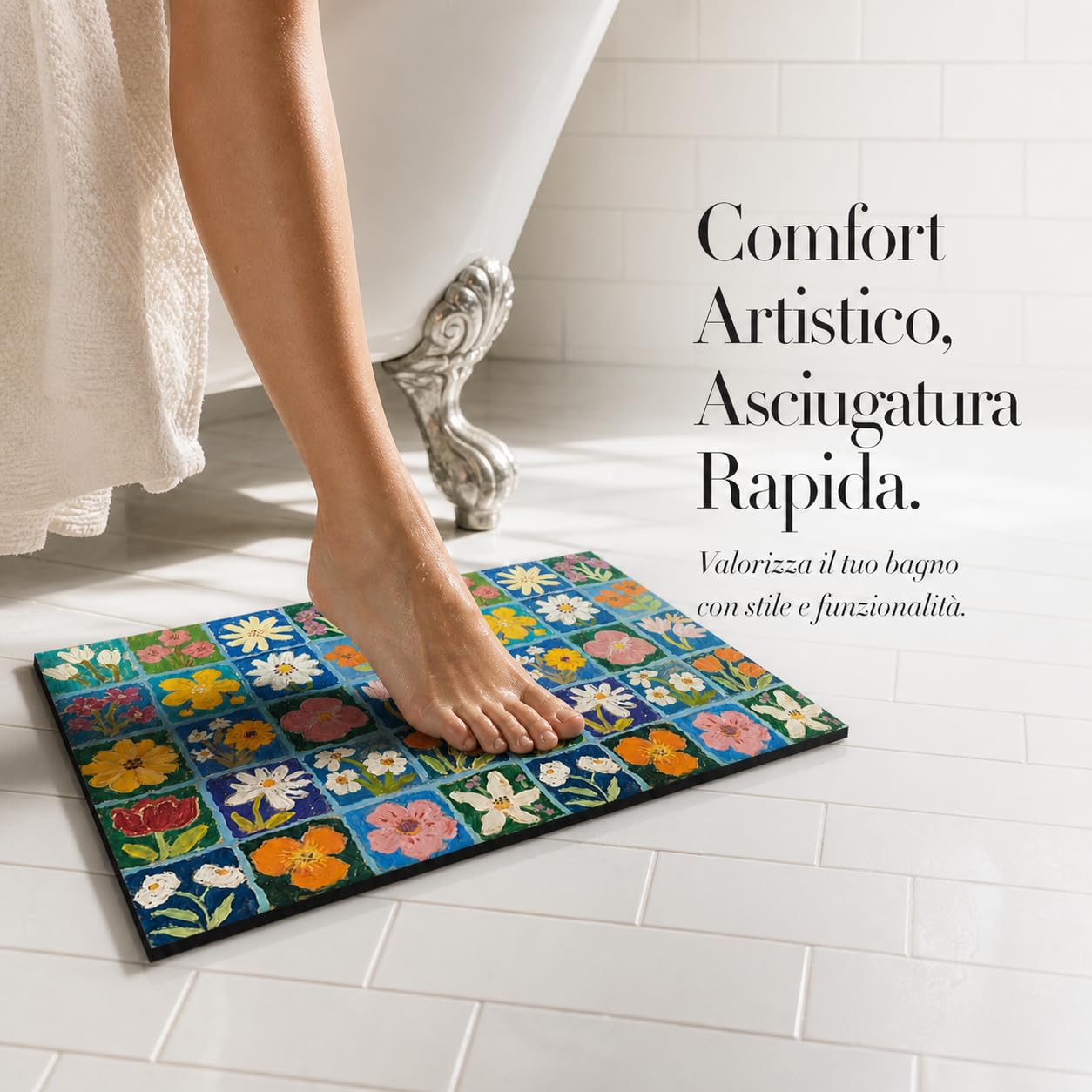 Tappetino da Bagno in atomacea, Fiori B, 80x120cm | Design pittura olio, Tappetino Bagno Composito, Asciugatura piedi rapida, Per famiglie attive