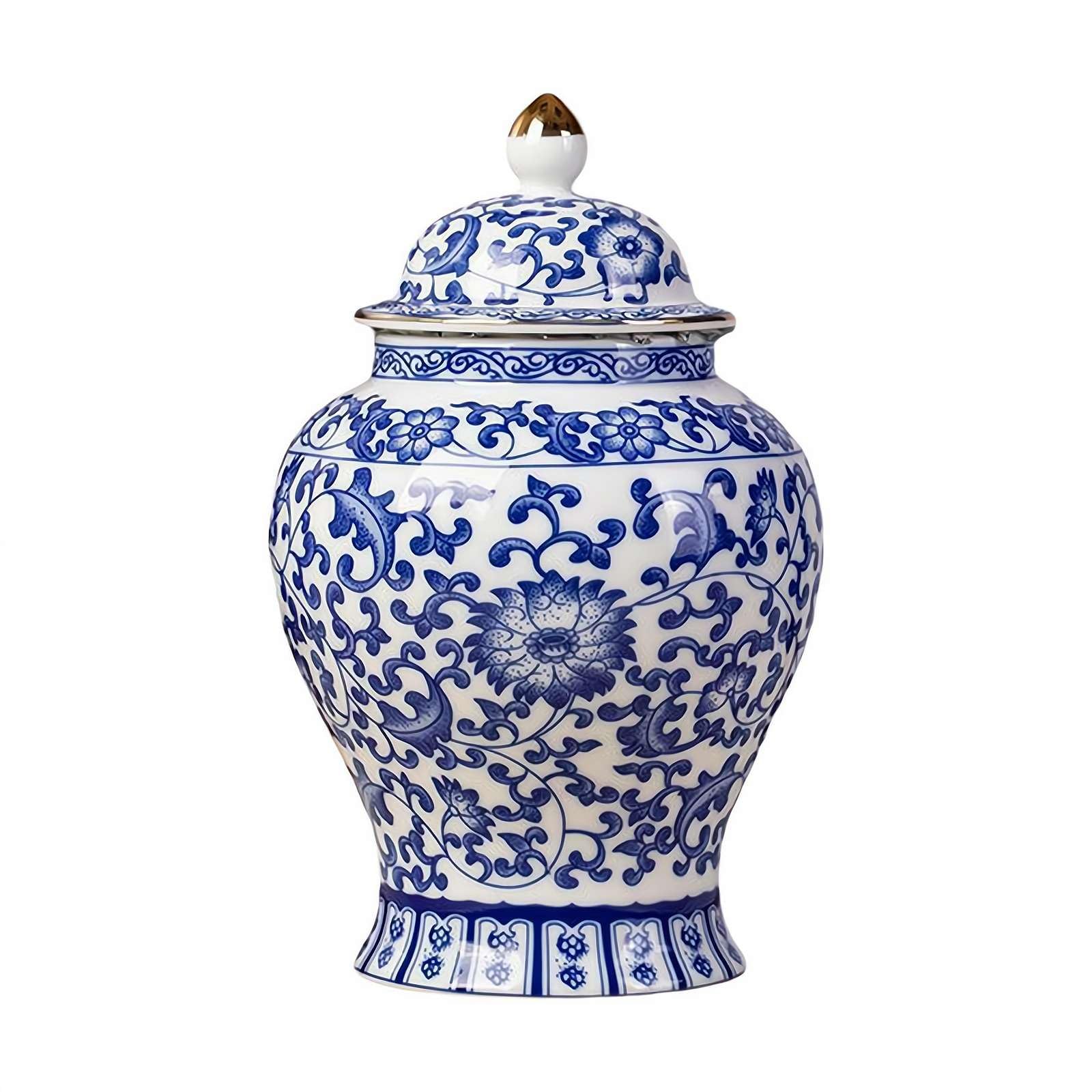 Chinoiserie Blue White Ginger Jars, Porcelain Jar Tea Storage, Ceramic Decorative Ginger Jar With Lid, Chinoiserie Decor Blue and White Vase, Porcelain Vases Decor for Living Room, Bedroom (C)
