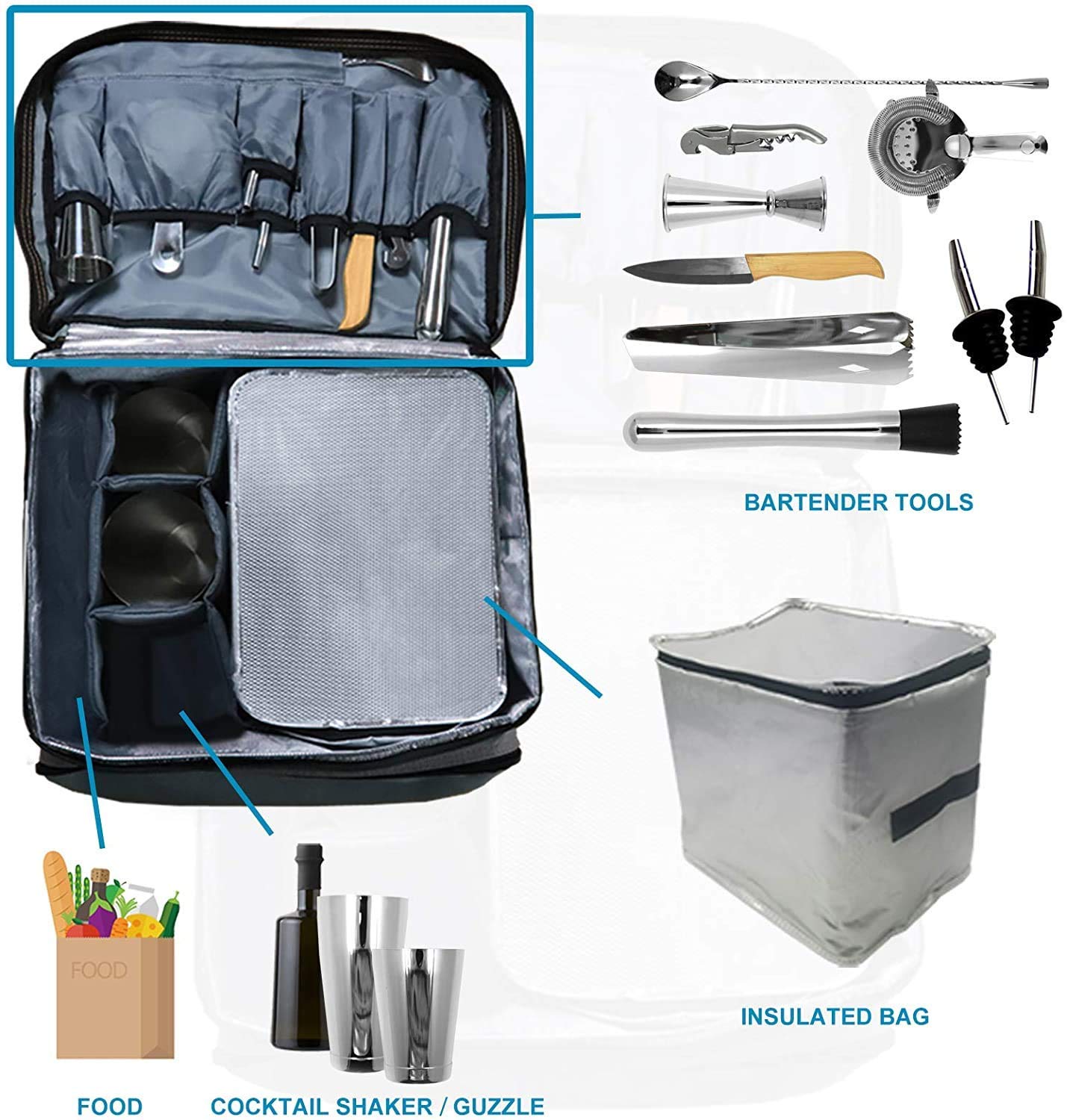 Borsa da viaggio per barman, Sky Fish 13 pezzi Kit da barman che include strumenti da bar e borsa da bar isolata per viaggi, campeggio, picnic e feste.