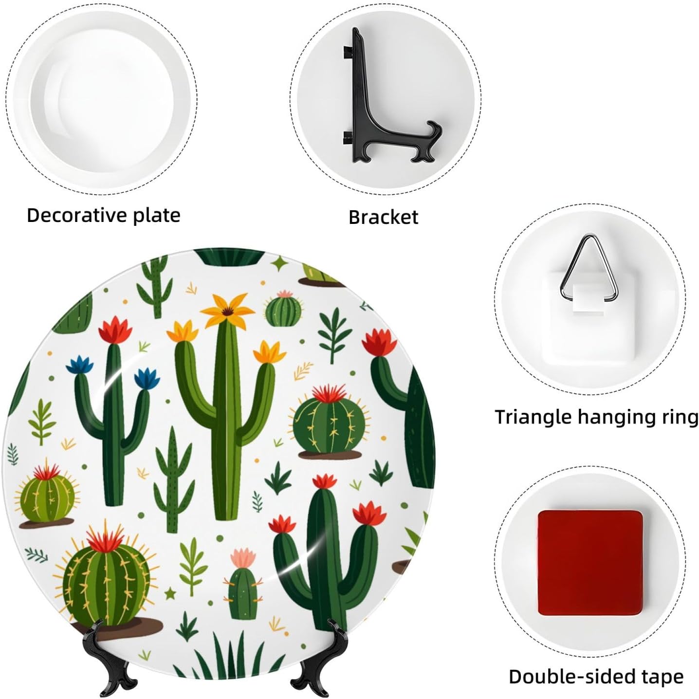 Cactus Floral Pattern Style Ceramic Plate Display Decorative Plate With Stand Wall Hanging Plate For Home Decor 10 Inch