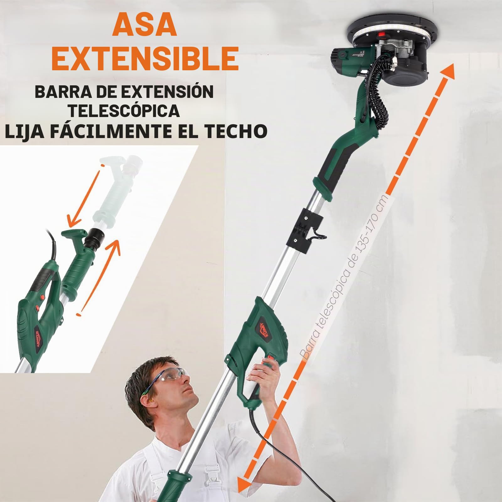 Lijadora de Pared, 850W Lijadora Eléctrica con 12 Discos de Lijado, 6 Velocidades Variables 800-1750 RPM, con Mango Extensible, Luz LED, Manguera Larga para Polvo y Bolsa de Almacenamiento