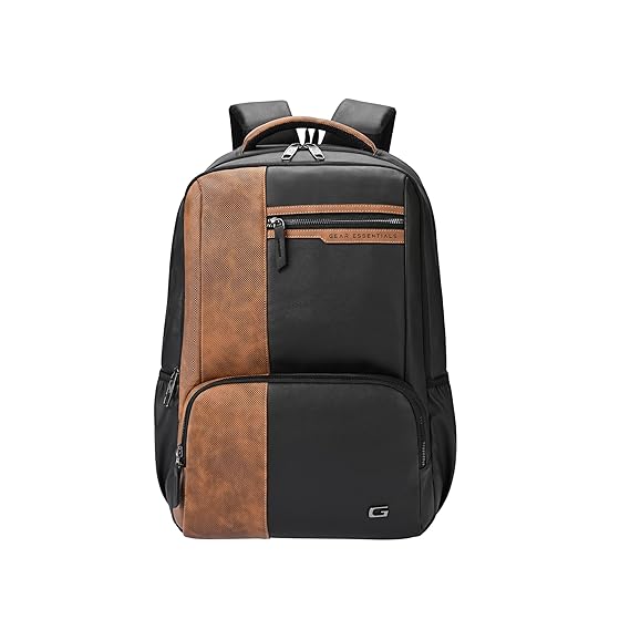 Gear Vintage 4 19"/28L Anti Theft Faux Leather Medium Water Resistant 4 Compartment Laptop Backpack/Casual Backpack/Daypack/Travel Backpack/College Bag For Men/Women(Black-Tan)