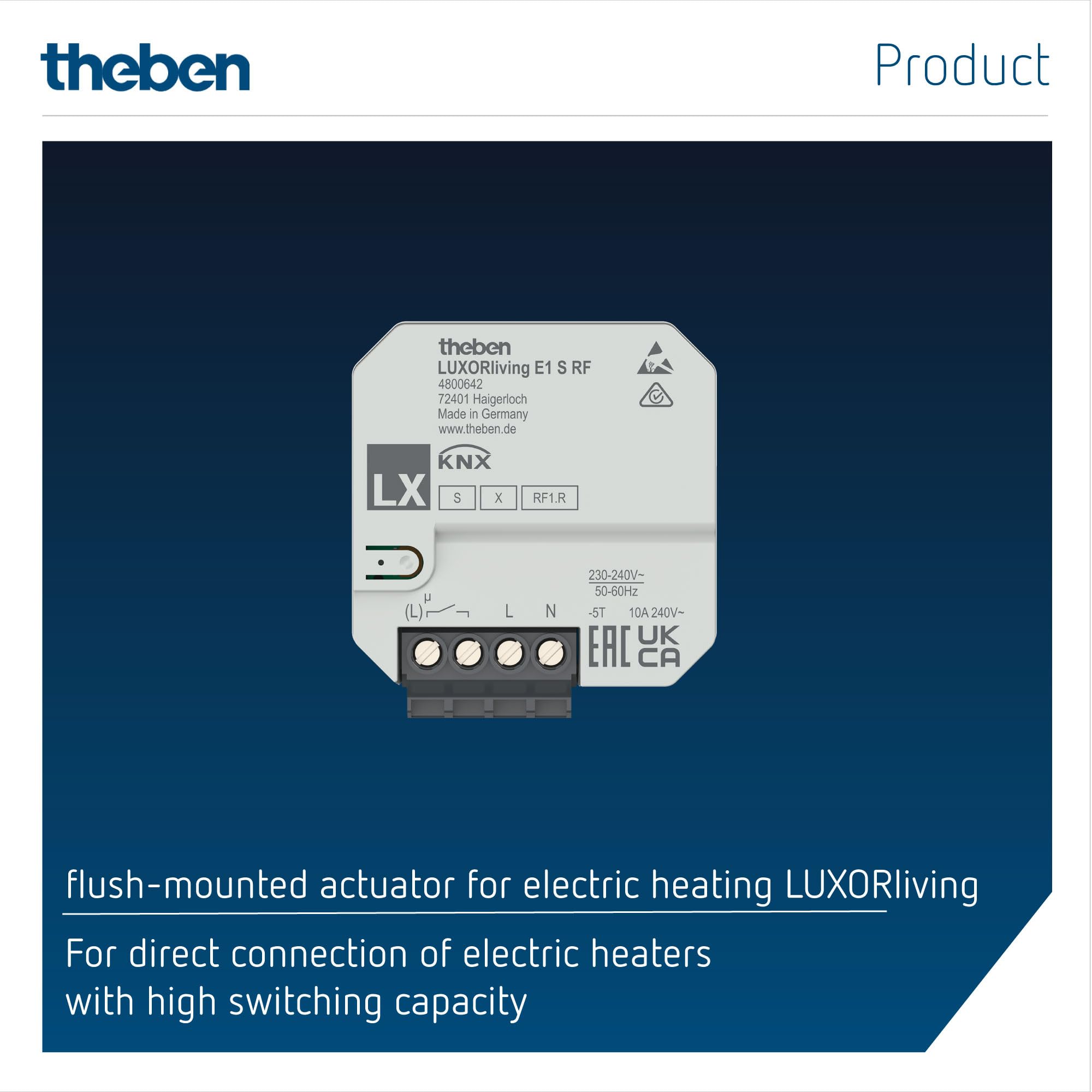 Theben 4800462 LUXORliving E1 S RF I 1-krotny sterownik radiowy do ogrzewania elektrycznego I podtynkowy I Grzejniki elektryczne o dużej mocy przełączania I do systemu KNX Smart Home Luxorliving