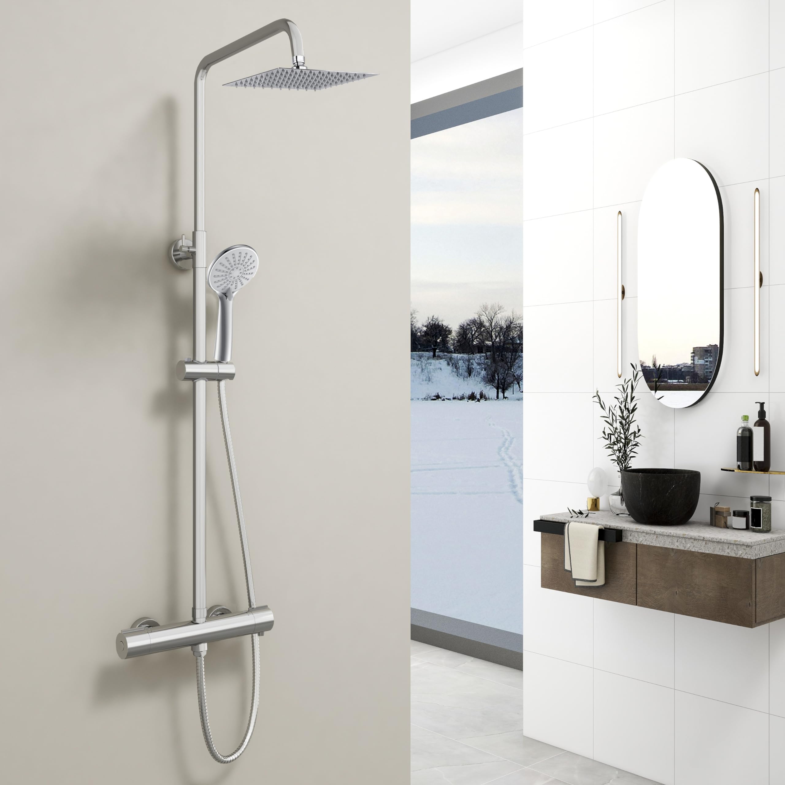 Sky Bathroom Chrome D Thermostatic Mixer Shower Set,Circular Chrome Bathroom Thermostat Shower System With Adjustable 8" Overhead Rainfall Shower Head And Handheld Shower