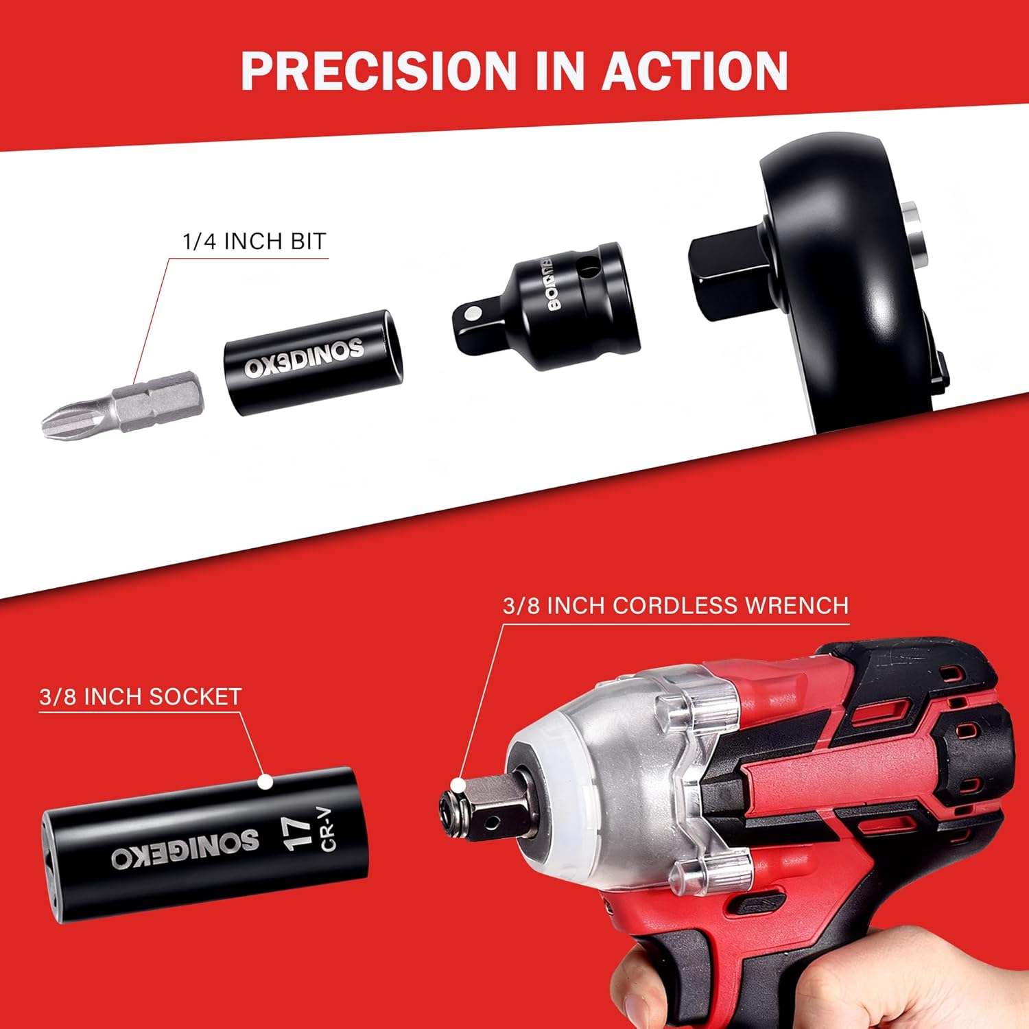 Socket Set 3/8" Drive Impact 95-Piece 6 Point Deep, Standard SAE and Metric CR-V Steel Sockets with Drive Ratchet Handle and Security Bits (3/8" 95 PCS Socket Set,Metric and SAE)