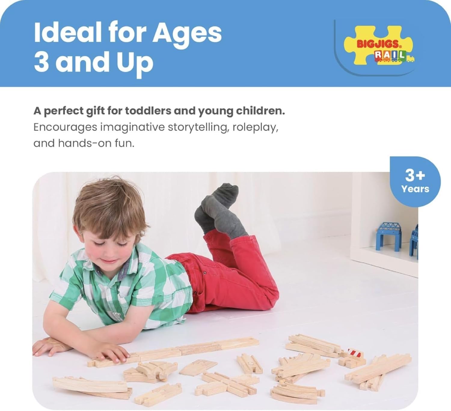 Bigjigs Rail Low Level Train Track Expansion Pack - 25pc Wooden Train Track for Train Sets, Quality Bigjigs Train Accessories, Compatible with Most Major Wooden Railway Brands