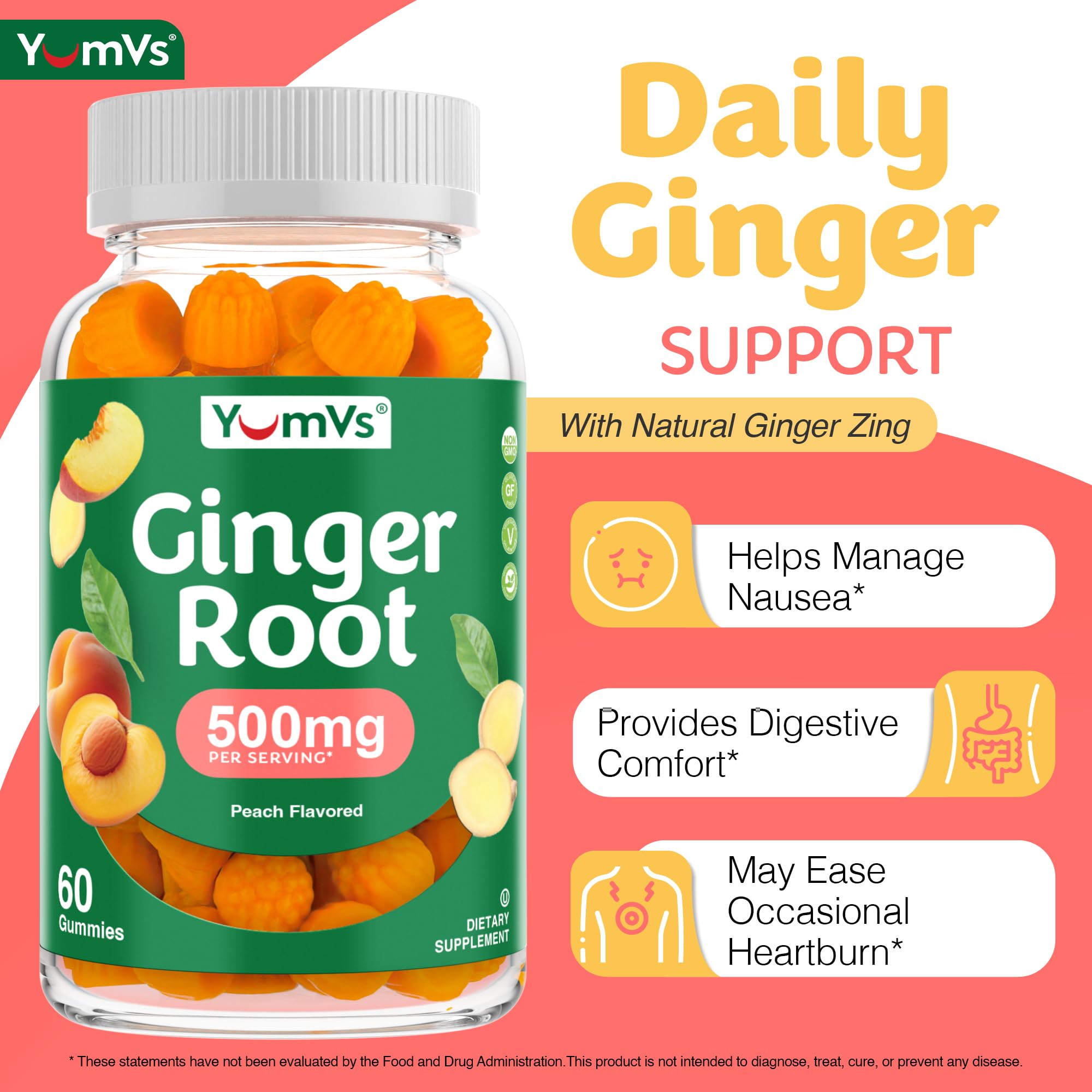 YUM-V'S Ginger Gummies, 500 mg Ginger Root Extract, Peach Flavor, Nausea Relief, Digestion & Immune Support, Vegan, Non-GMO, Gelatin-Free (60 Count) — Amazon image 3