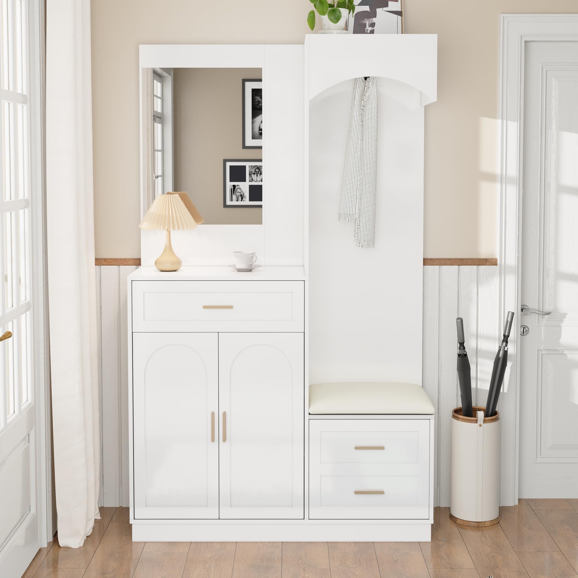 LAKFEW Juego de Perchero Moderno, Recibidores de Entrada con Espejo y Asiento, Conjunto de Perchero Entrada Recibidor Mueble Recibidor con Cajón y 3 Puertas, Percheros, 110x33x185.5 cm, Blanco