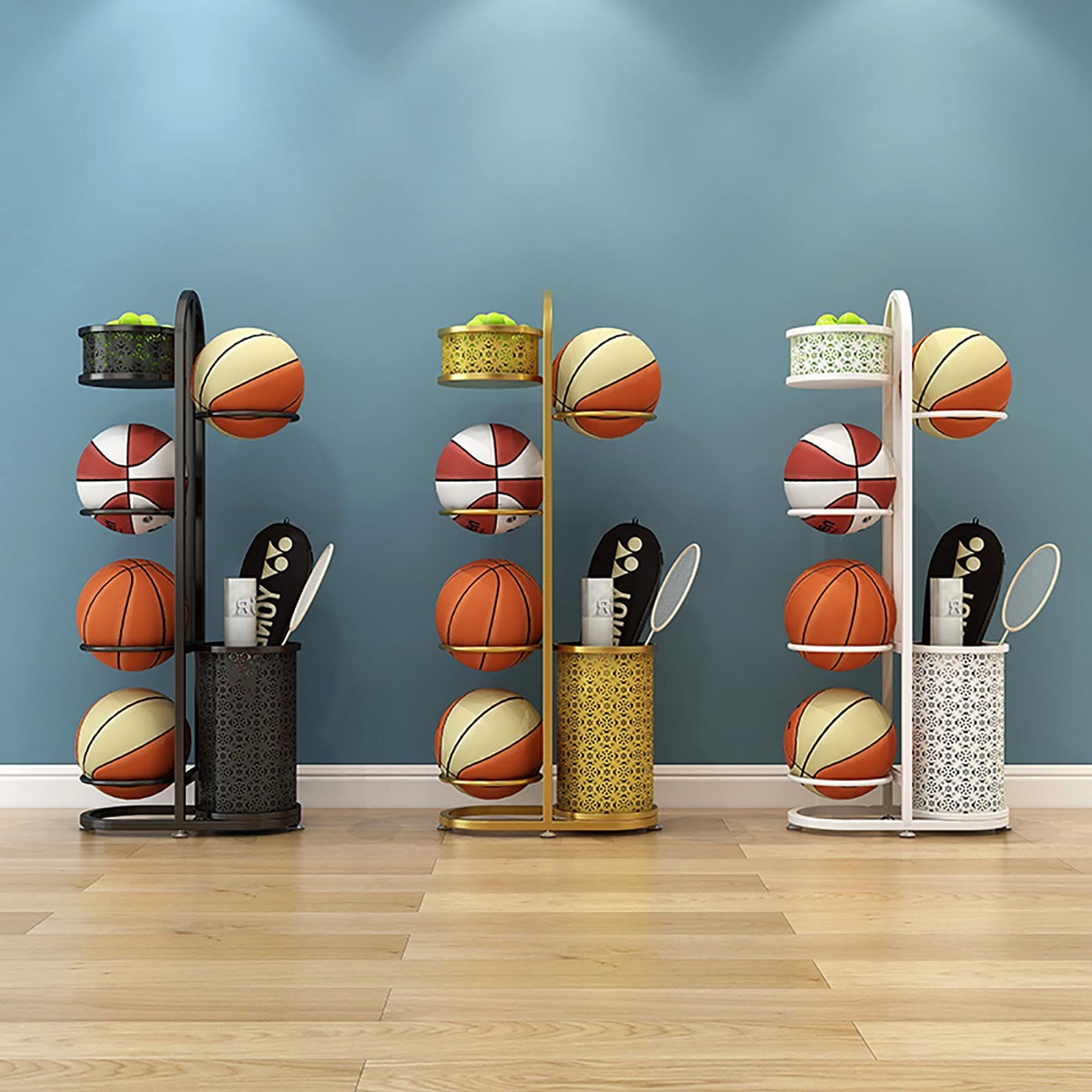 Estante de almacenamiento para equipos deportivos para el hogar, para fútbol, ​​baloncesto, voleibol, soporte organizador vertical de bolas de hierro con 2 cestas, estante de exhibición versátil