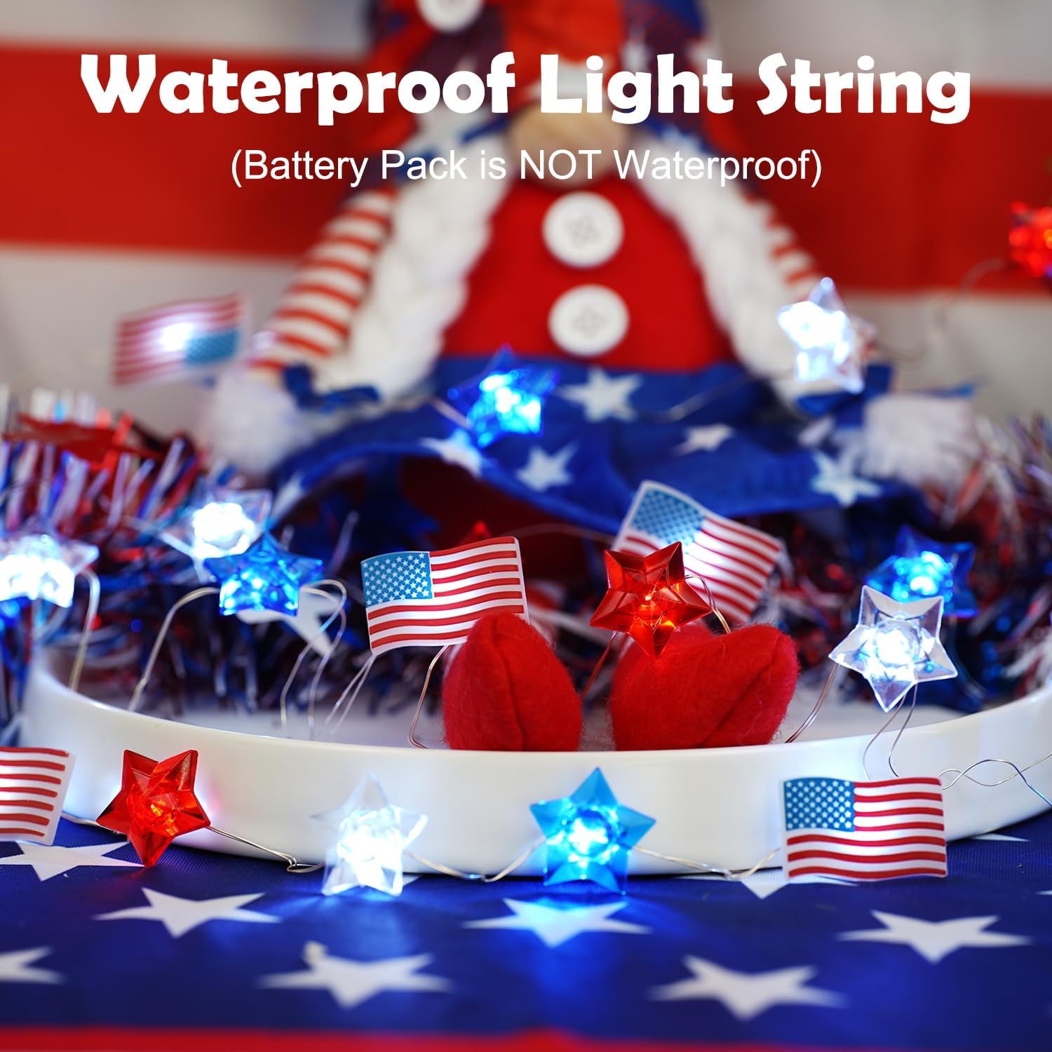 4th of July Decorations Red White and Blue Star American Flag Lights 40 LED | 13FT Fairy String Lights Battery Operated with Timer Fourth of July Decor for Memorial Day Independence Day Patriotic