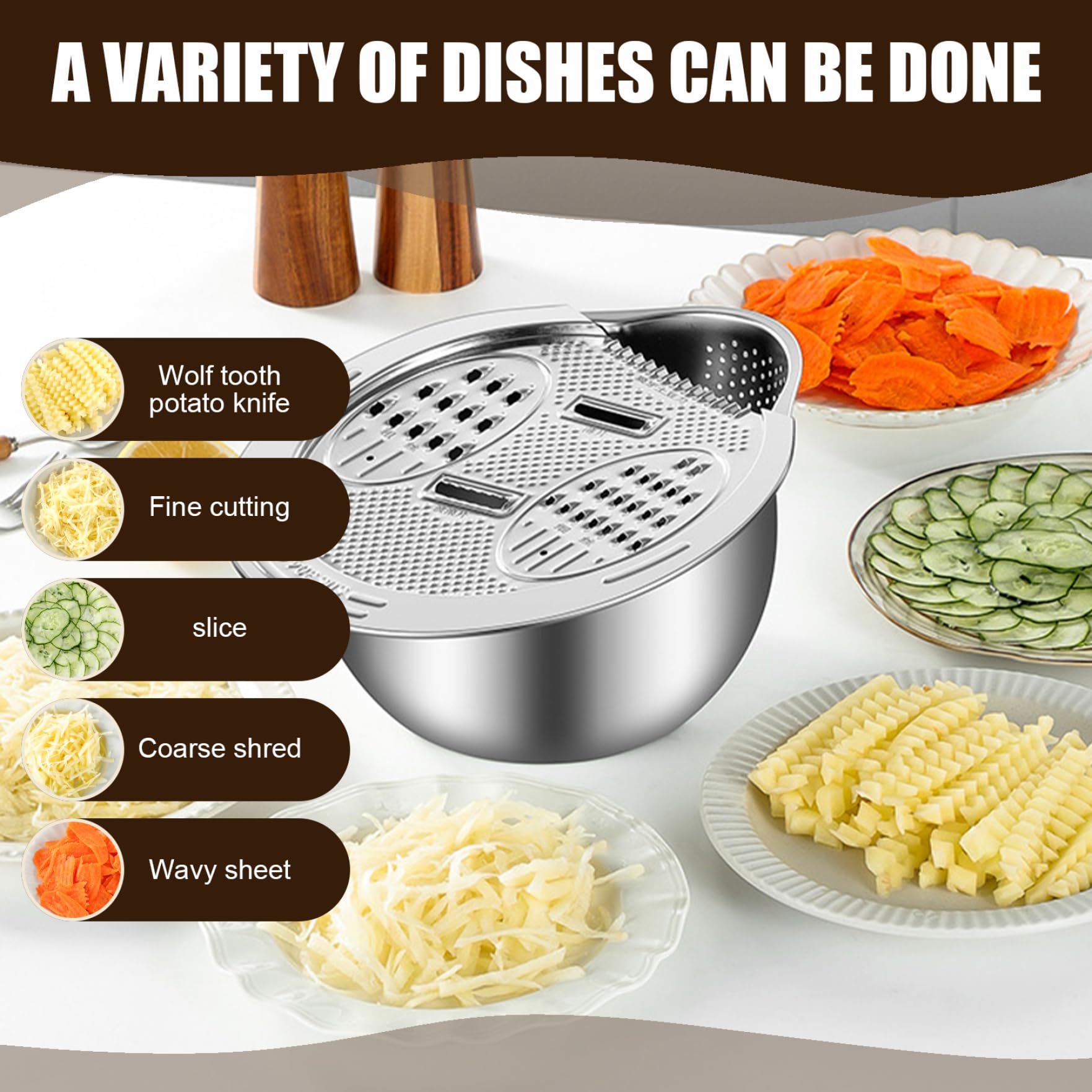 Colador de arroz Lavadora de arroz con drenaje lateral con tapa de rallador Recipiente de lavado de acero inoxidable 304 con orificio para colgar Recipiente colador inferior en forma de V para lim