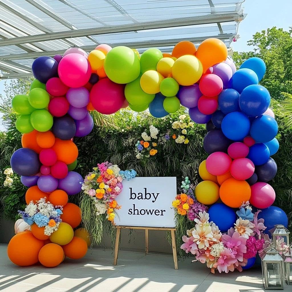 Colorful Balloon Garland Kit - Double Stuffed Pastel Pink Orange Yellow Green Balloons Navy Blue and Purple Pastel Balloon Arch for Birthday Baby Shower Fiesta Unicorn Princess Party Decoration