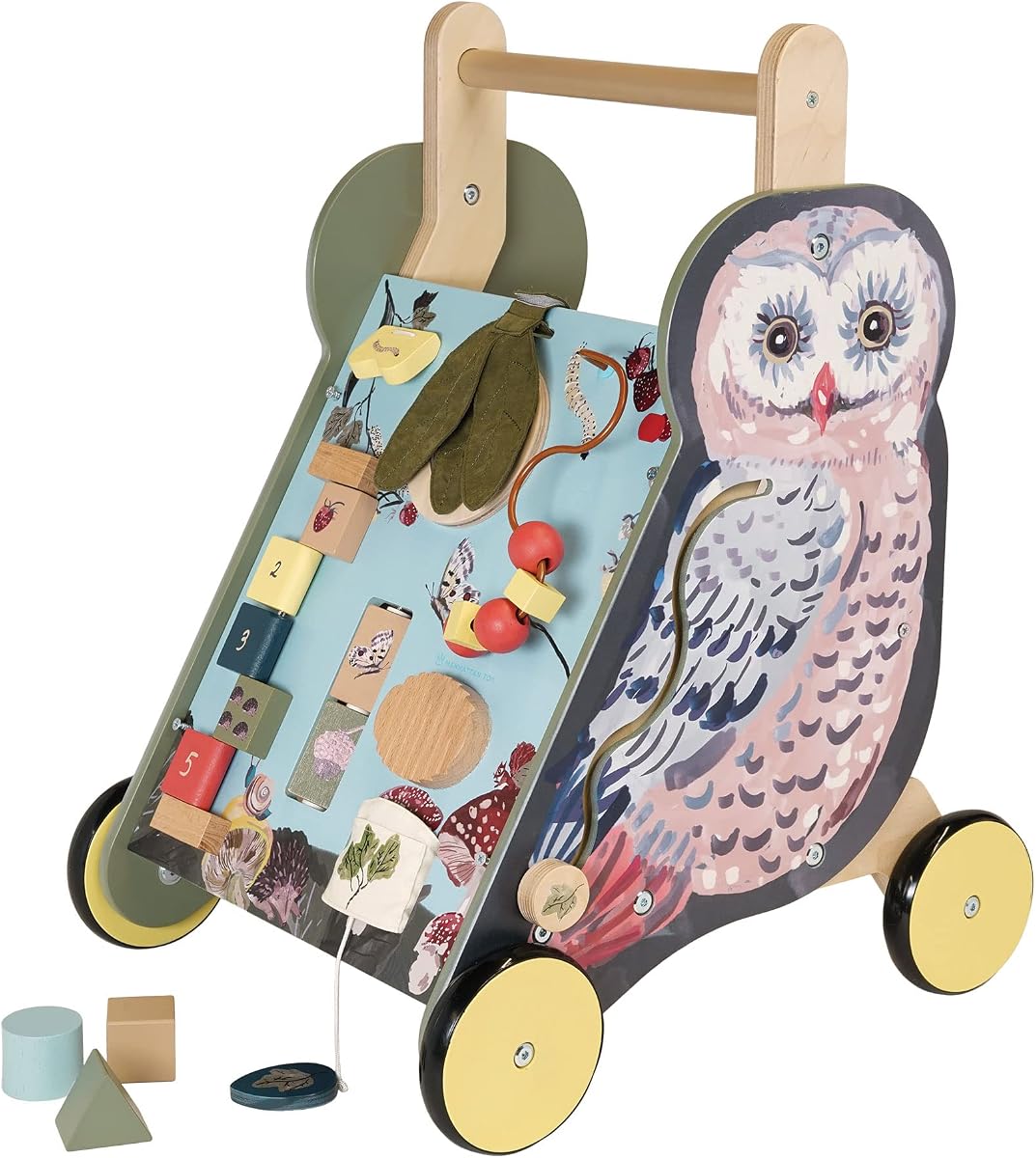 Wildwoods Owl Wooden Push Cart with Shape Sorter and Basket, Serrated Oval, Spinners, Bead Run and More Medium