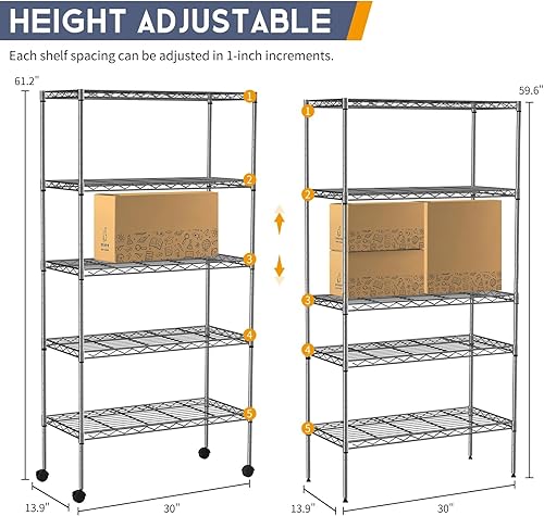 Miniatura 3 de Estantes de alambre de 5 niveles de 61 pulgadas de alto x 30 x 14 pulgadas, estantes de almacenamiento de metal, estante de alambre ajustable con